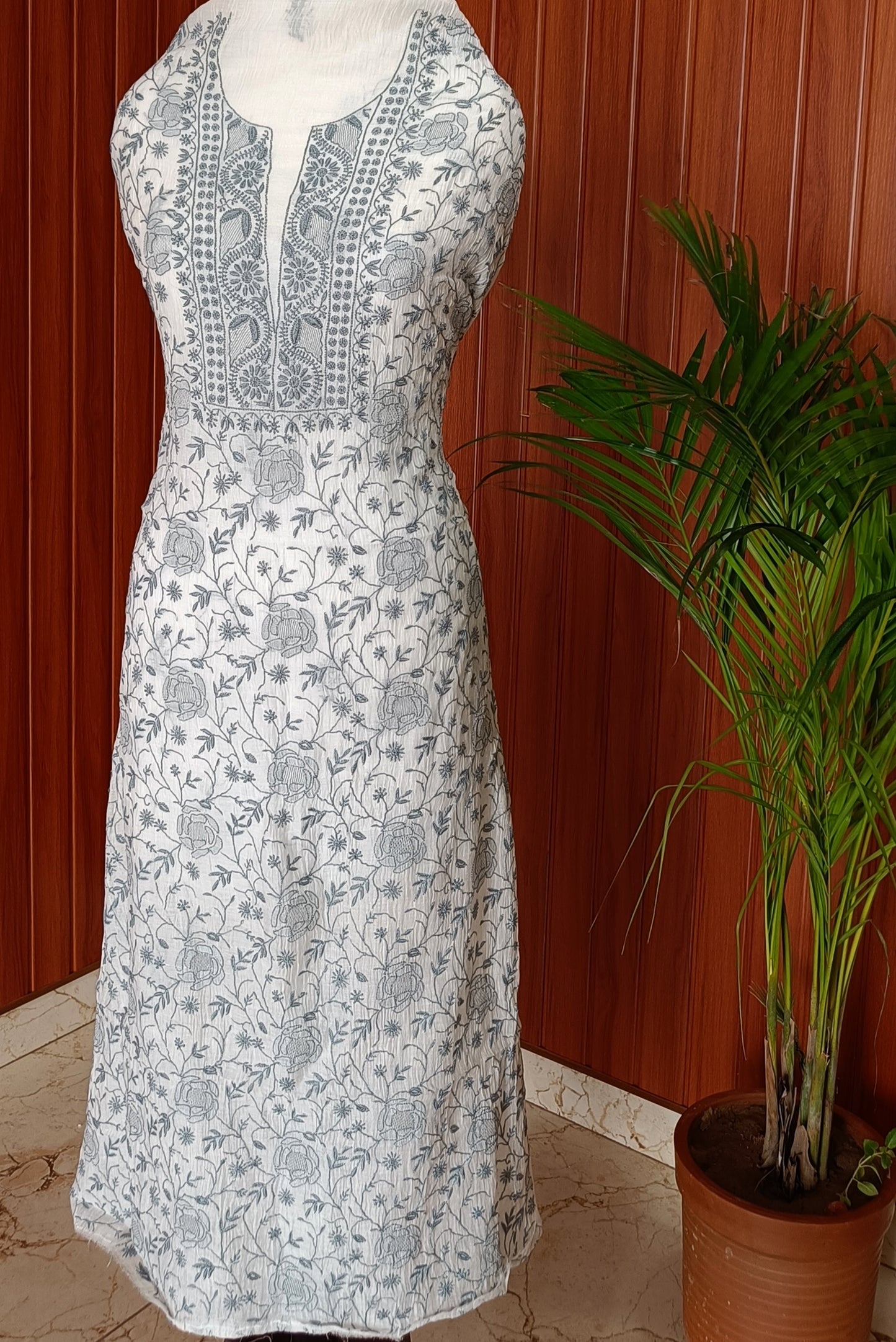 Off White and Bluish Grey Mulmul Chanderi fine Chikankari kurta and dupatta