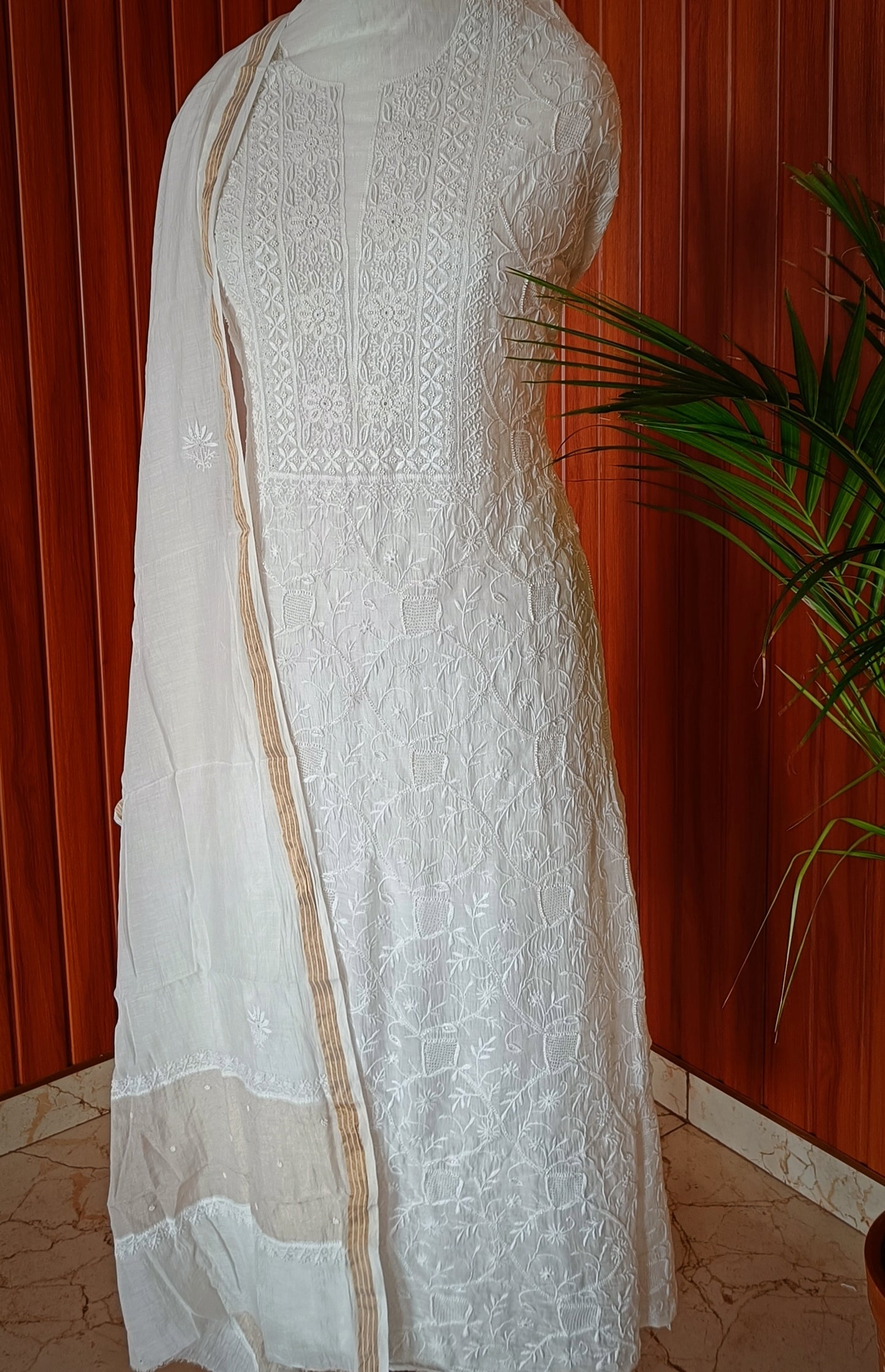 Off White Mulmul Chanderi fine Chikankari and Pearl Embroidered Suit