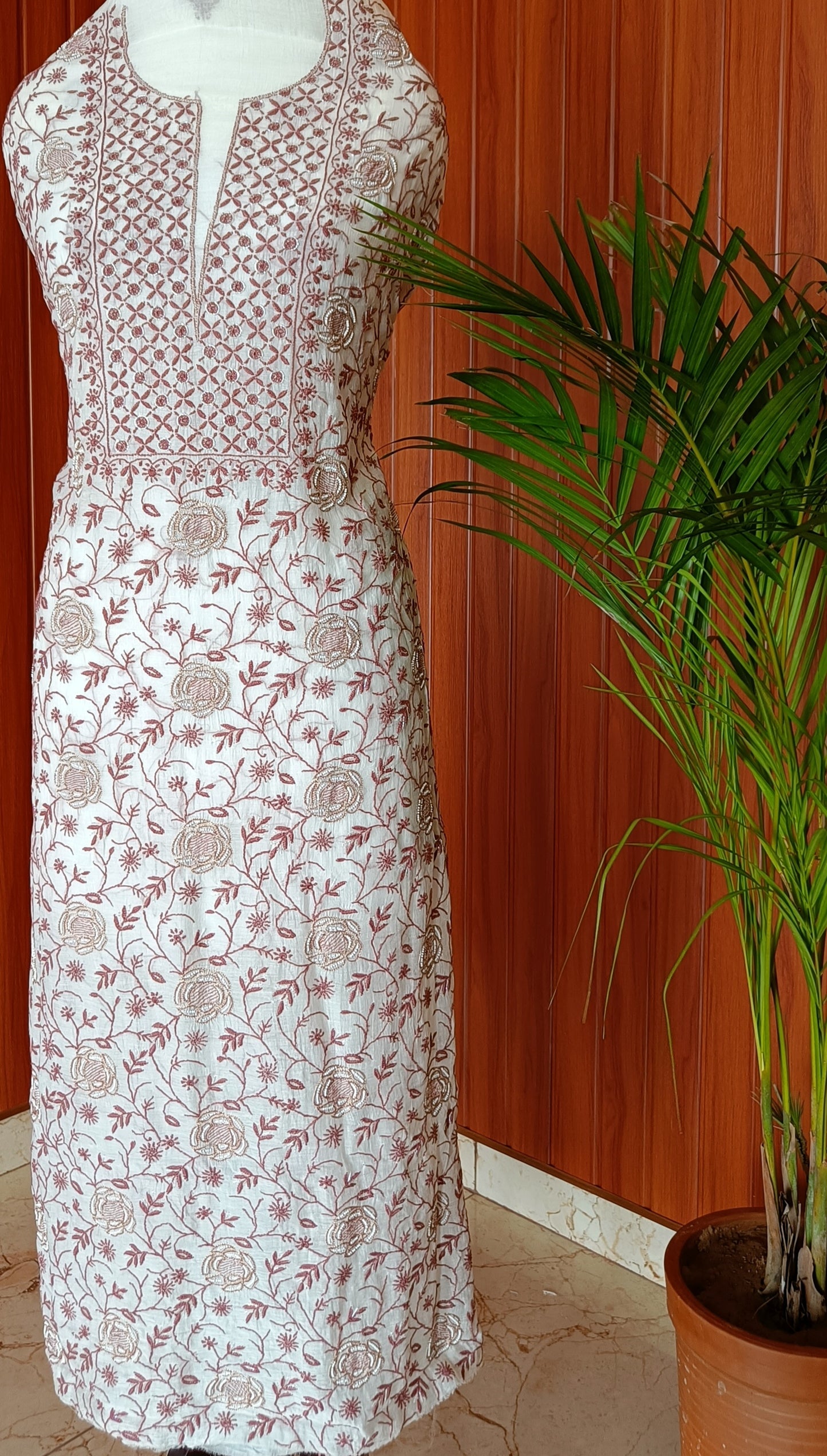 Off White and Pink Mulmul Chanderi fine Chikankari and Pearl Embroidered Suit