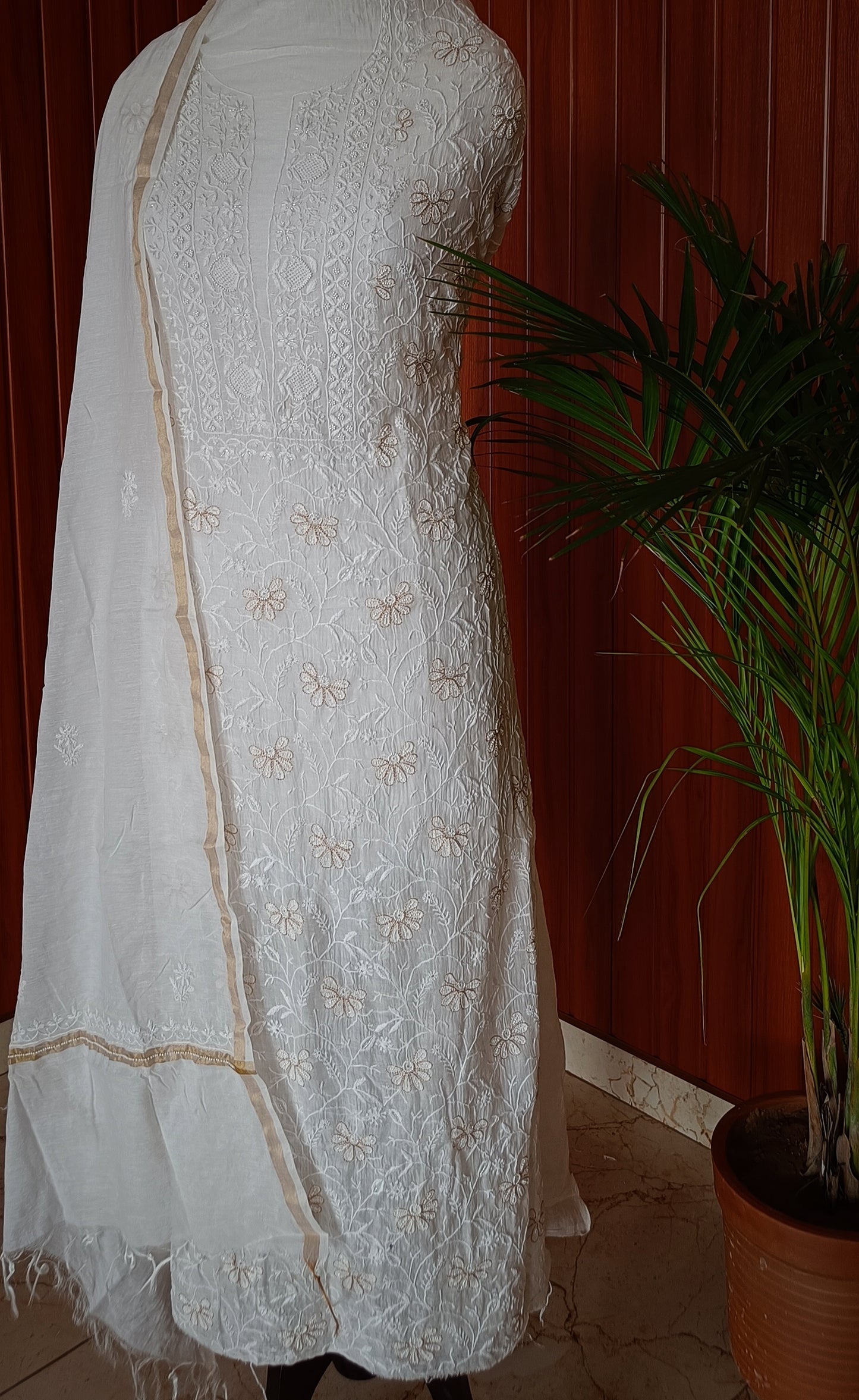 Off White Mulmul Chanderi fine Chikankari and Pearl Embroidered Suit
