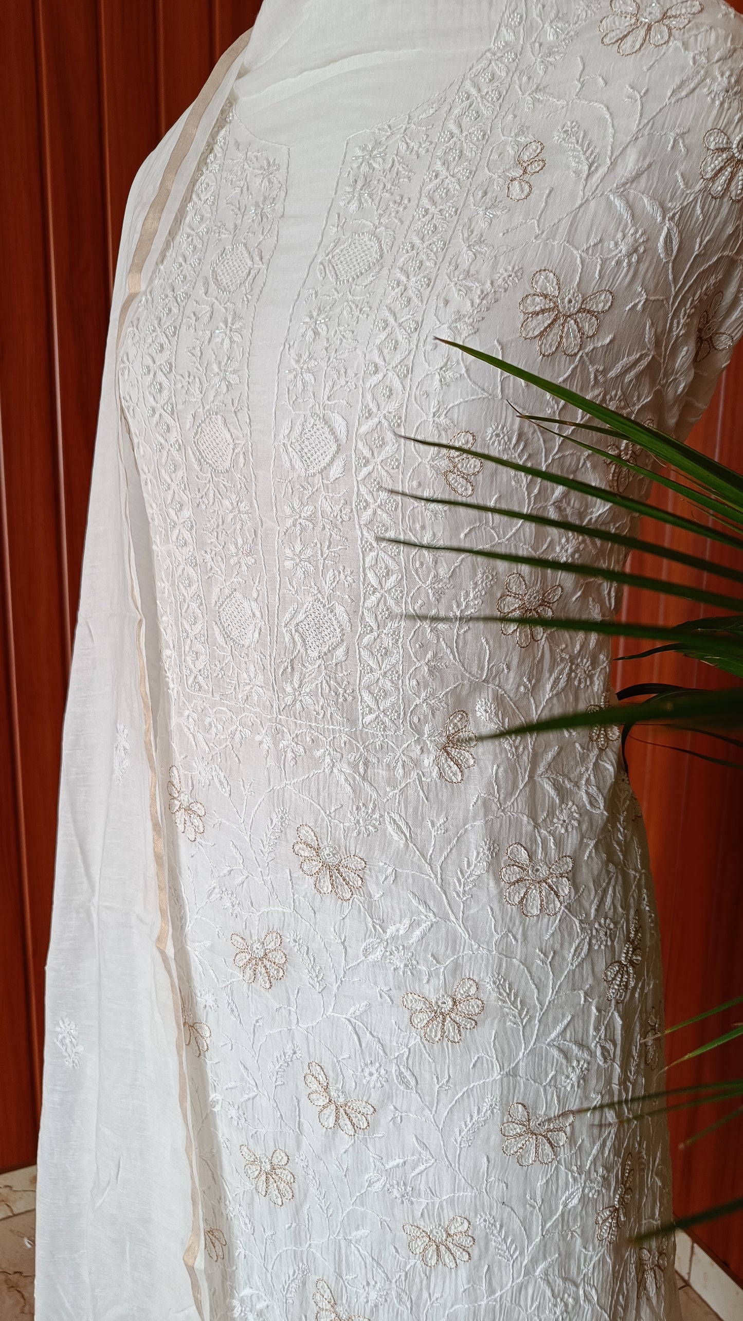 Off White Mulmul Chanderi fine Chikankari and Pearl Embroidered Suit