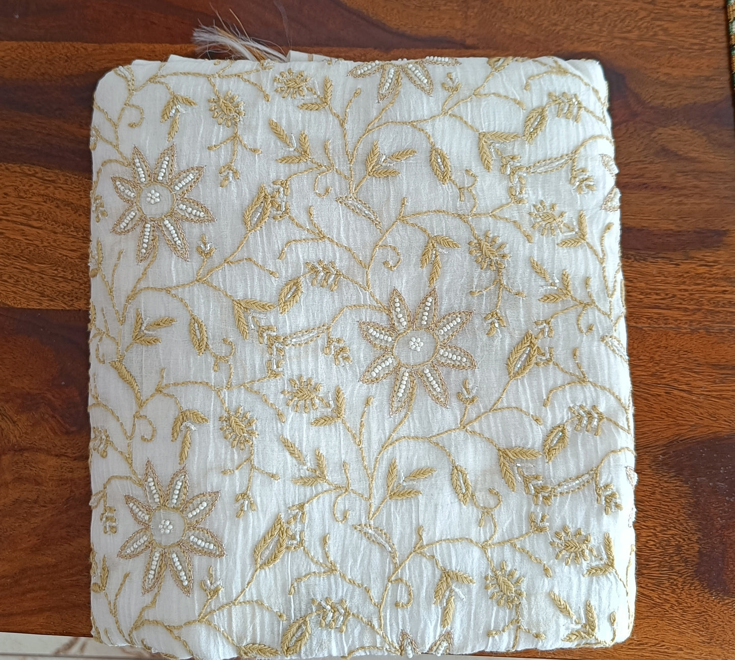 Off White and Mustard Mulmul Chanderi fine Chikankari and Pearl Embroidered Suit