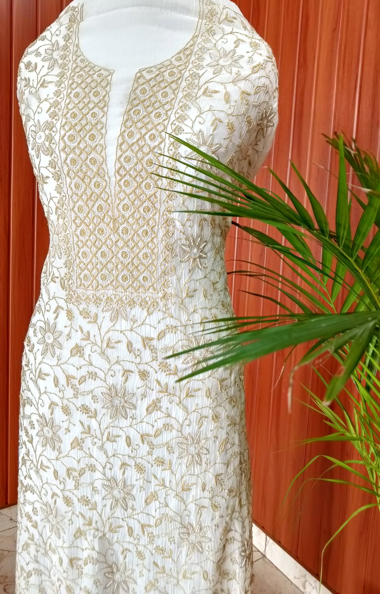 Off White and Mustard Mulmul Chanderi fine Chikankari and Pearl Embroidered Suit