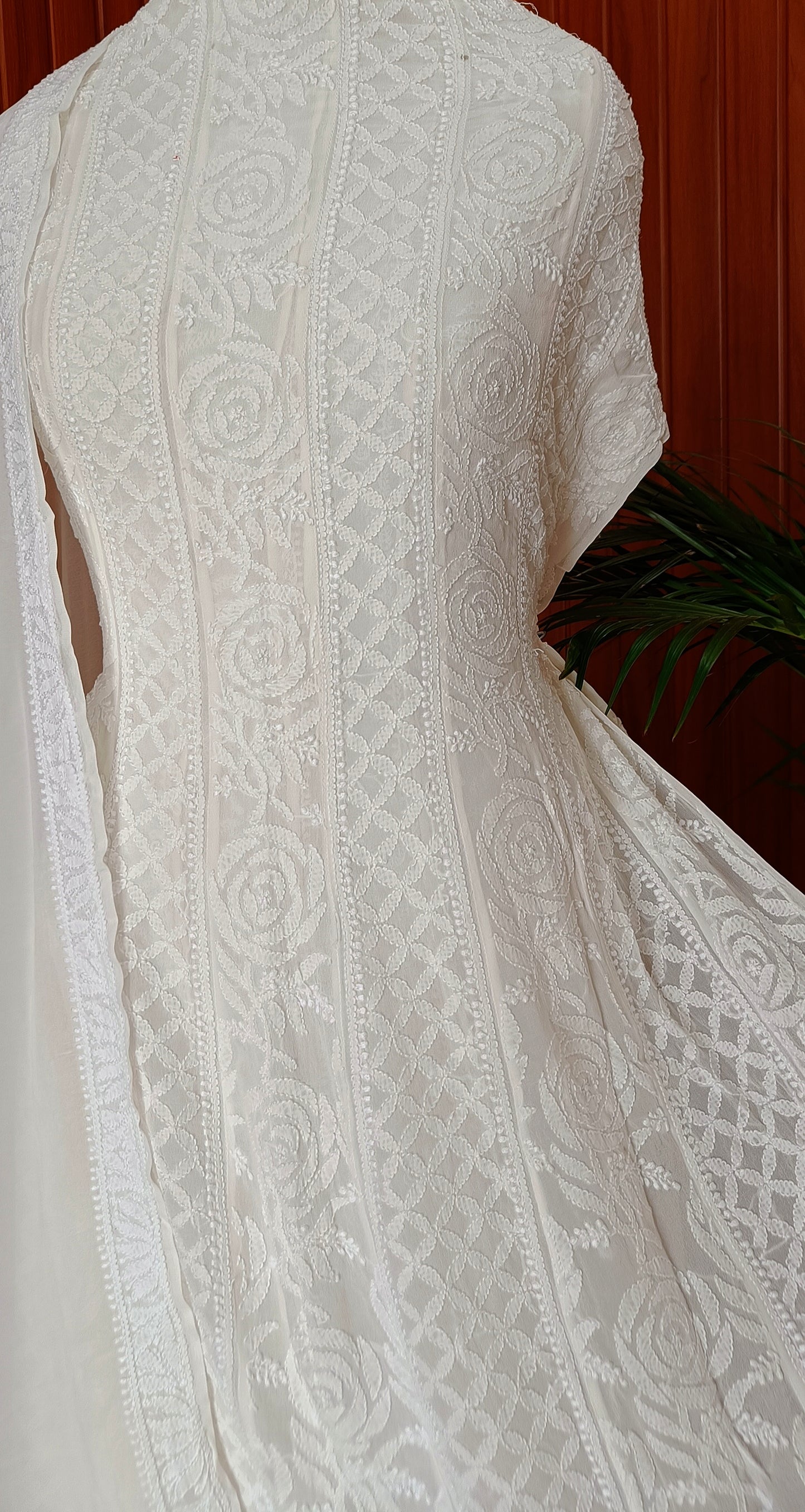 Off White Allover Fine Chikankari Pure Georgette Anarkali with dupatta