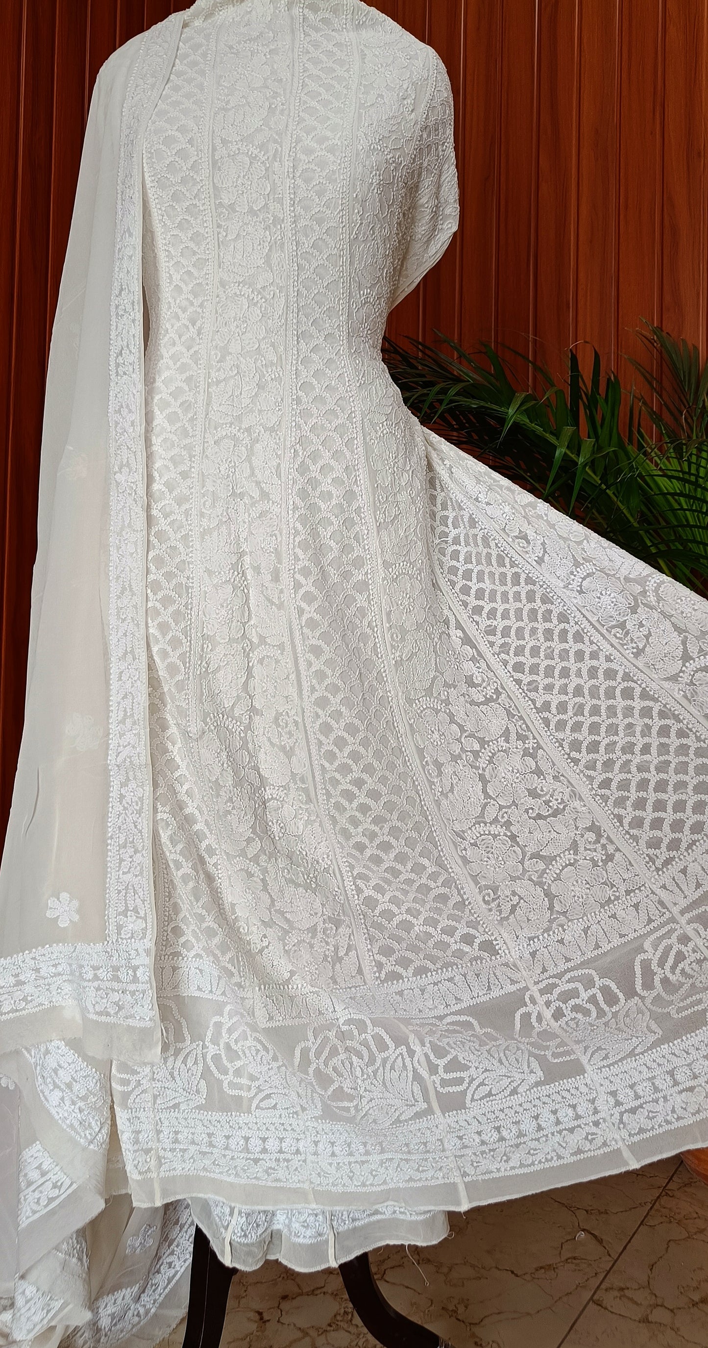 Off White Allover Fine Chikankari Pure Georgette Anarkali with dupatta