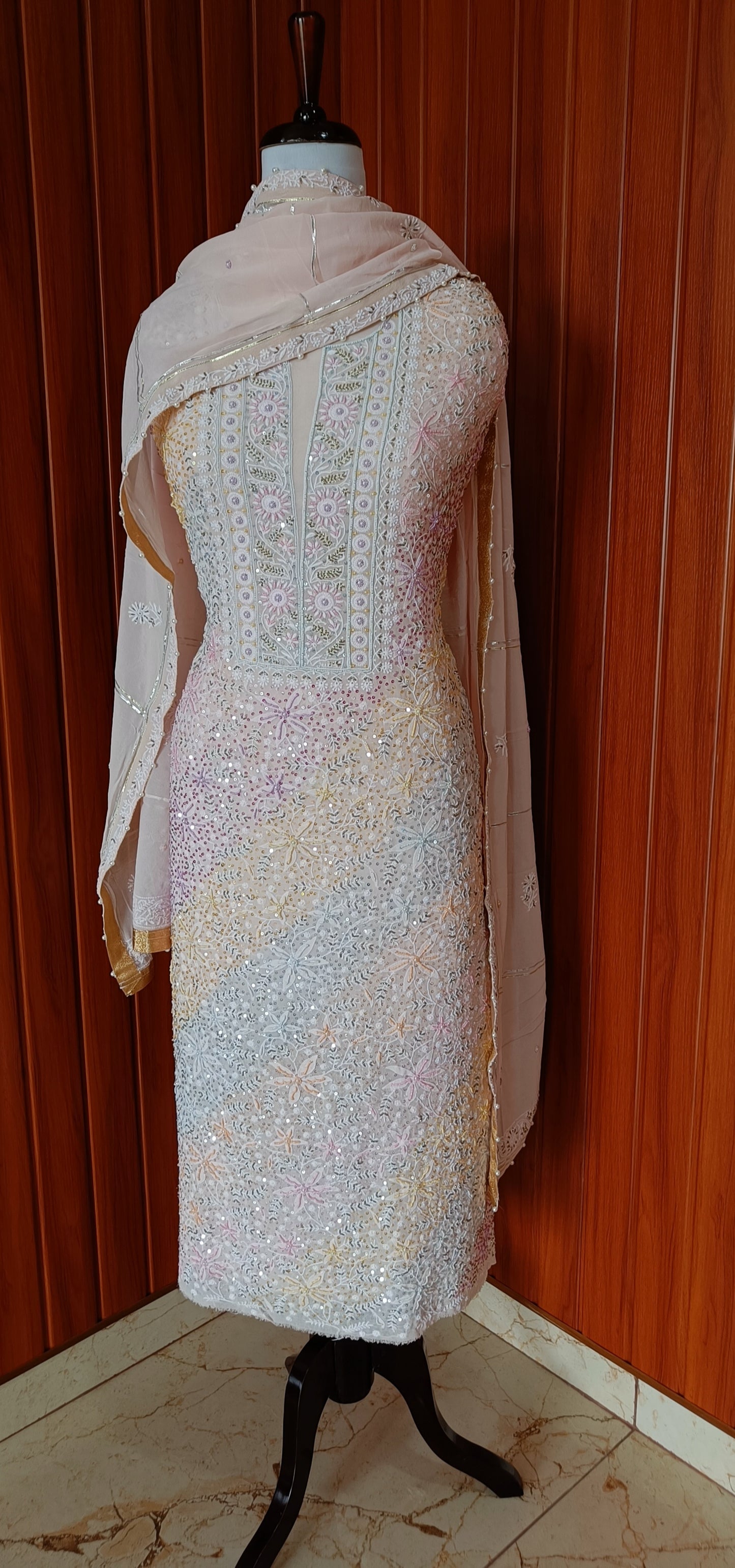 Ruhani Dusty Pink Chikankari with Multicolored Sequins Pearl and Cut Dana Suit