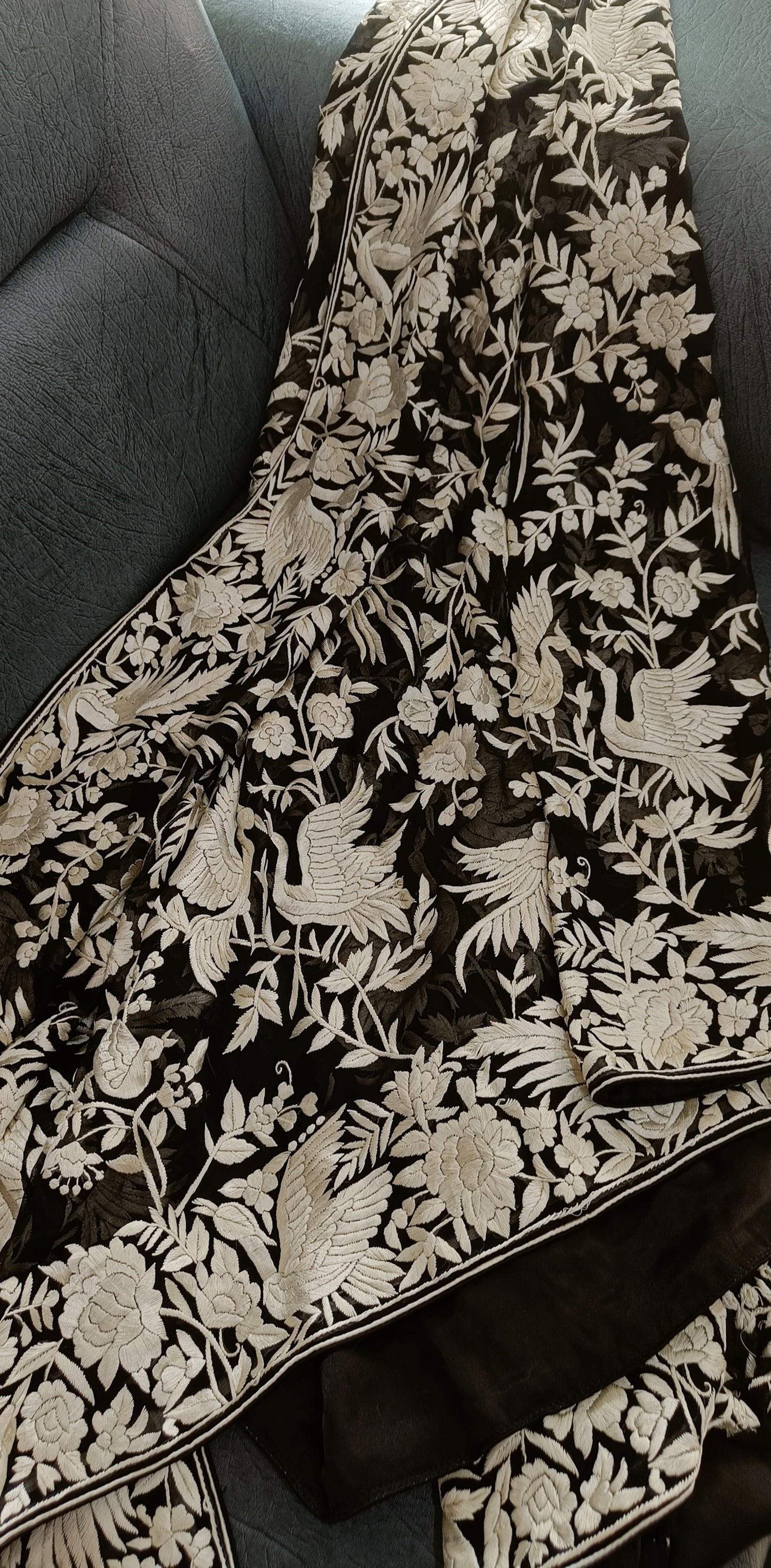 Black and Ivory Masterpiece Parsi Gara Hand Embroidered Dupatta