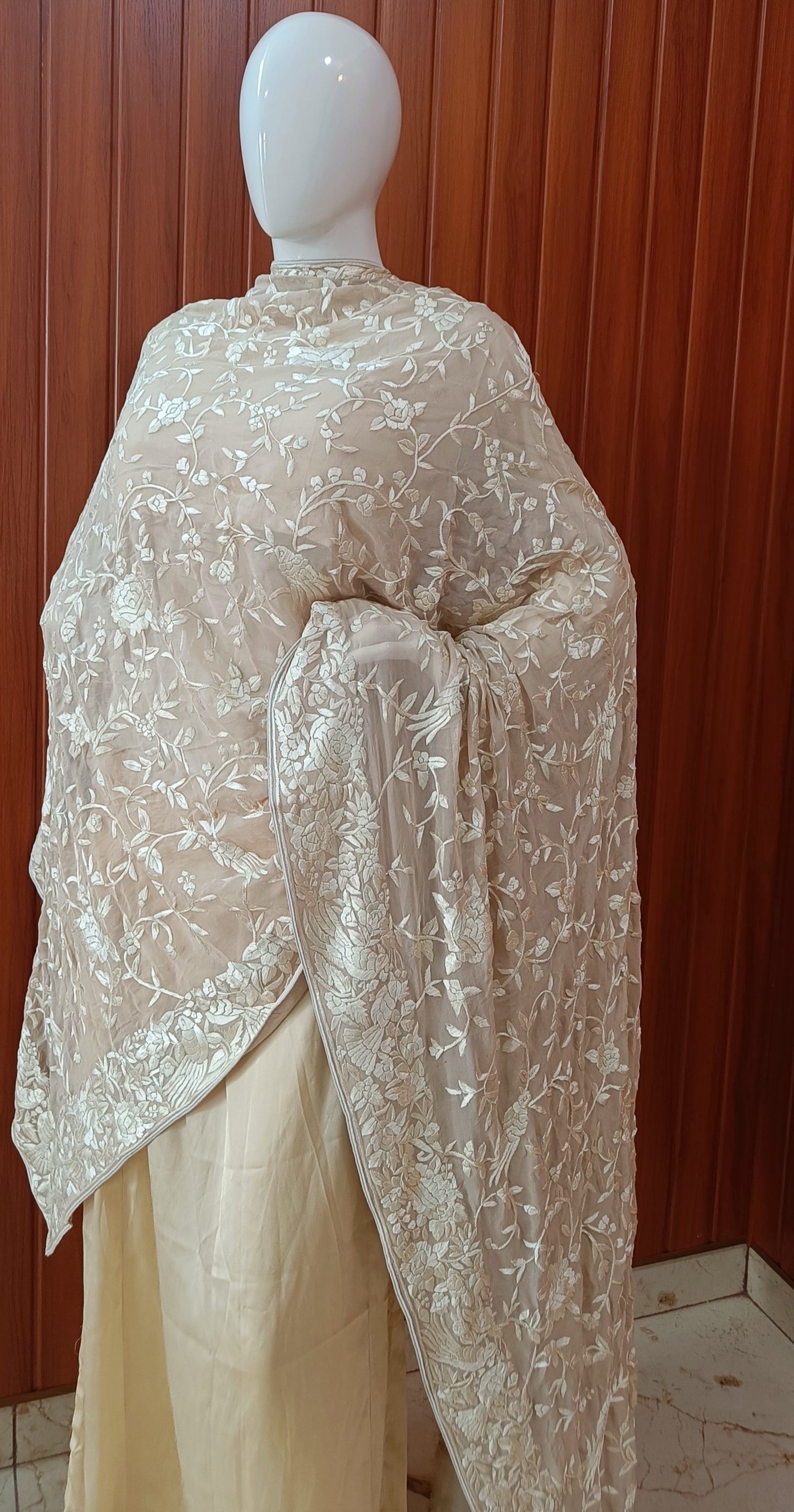 Beige Masterpiece Parsi Gara Hand Embroidered Dupatta