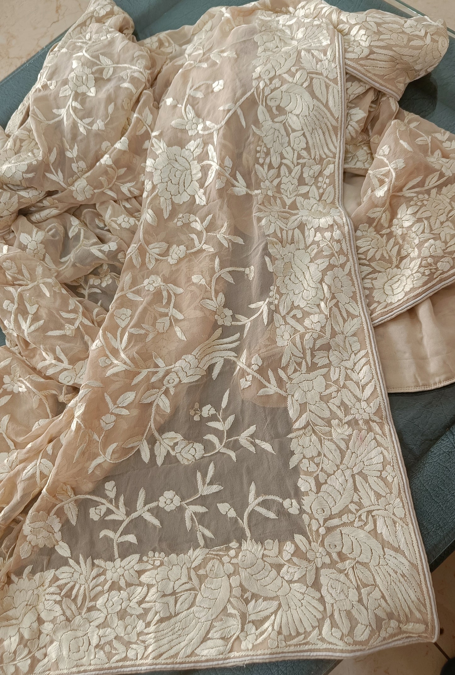 Beige Masterpiece Parsi Gara Hand Embroidered Dupatta