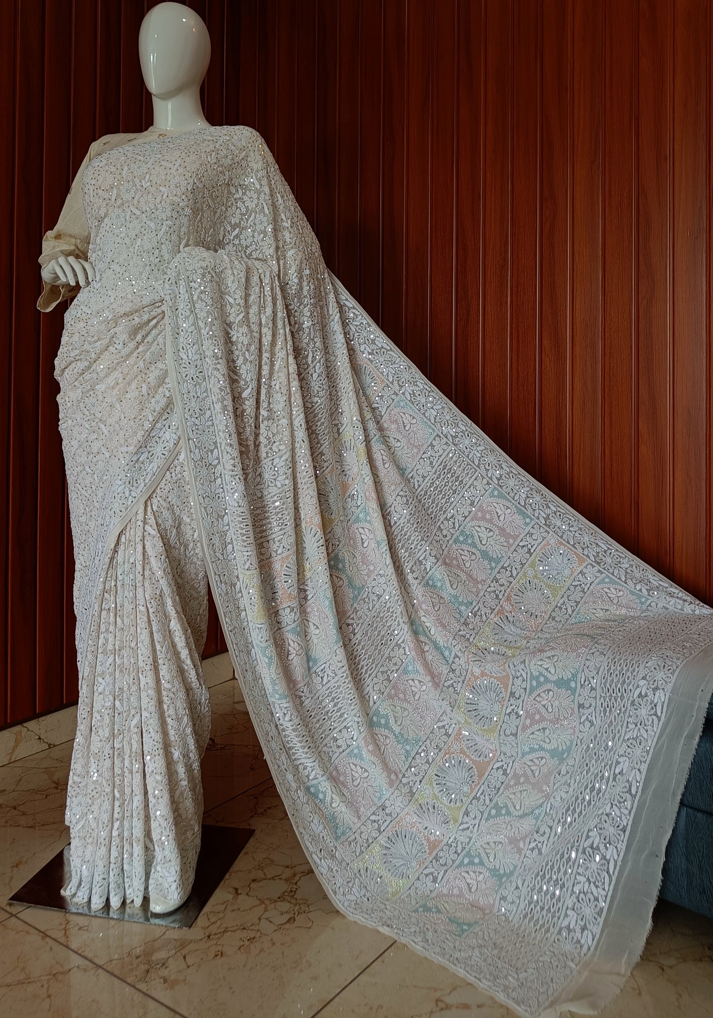 Ruhani 3 taar Chikankari Saree embellished with Sequins and Cut Dana