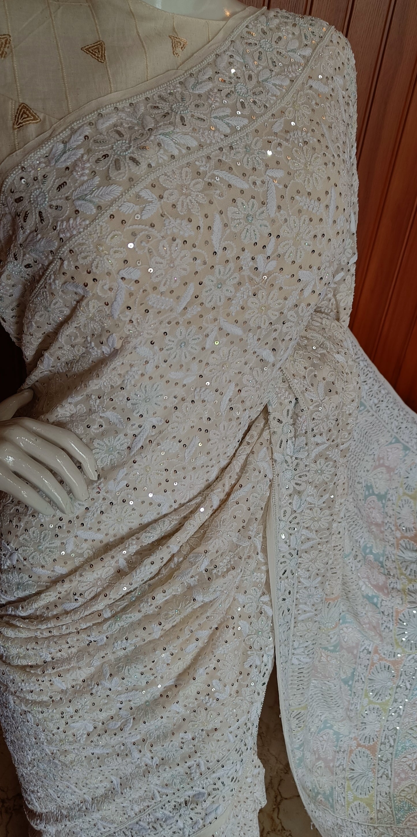 Ruhani 3 taar Chikankari Saree embellished with Sequins and Cut Dana