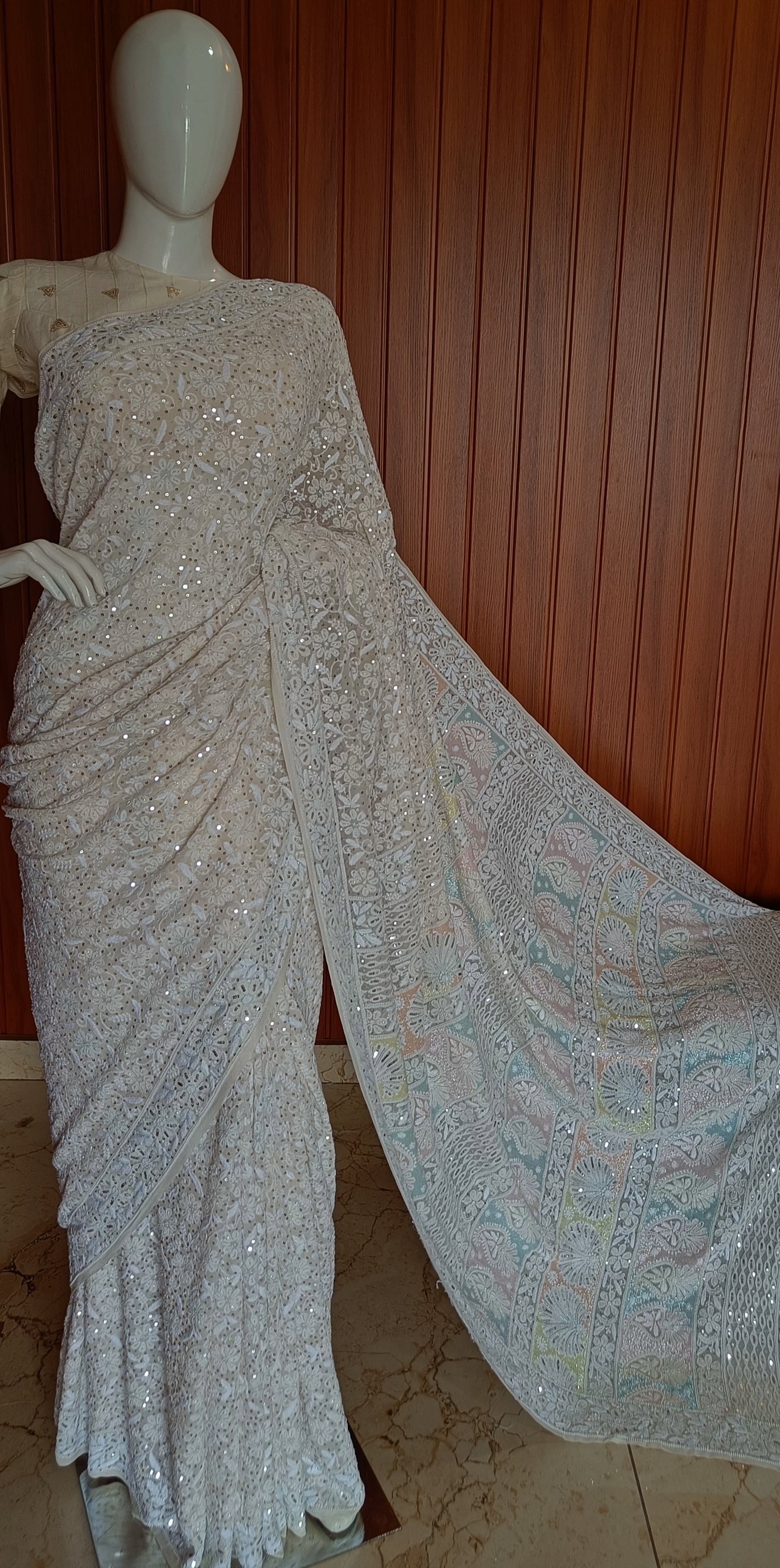 Ruhani 3 taar Chikankari Saree embellished with Sequins and Cut Dana