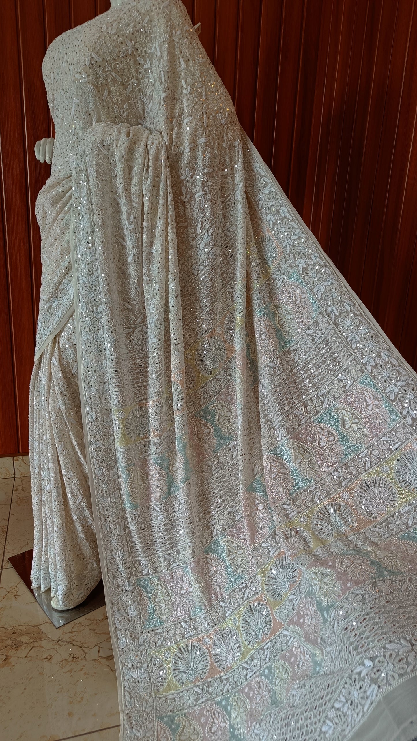 Ruhani 3 taar Chikankari Saree embellished with Sequins and Cut Dana