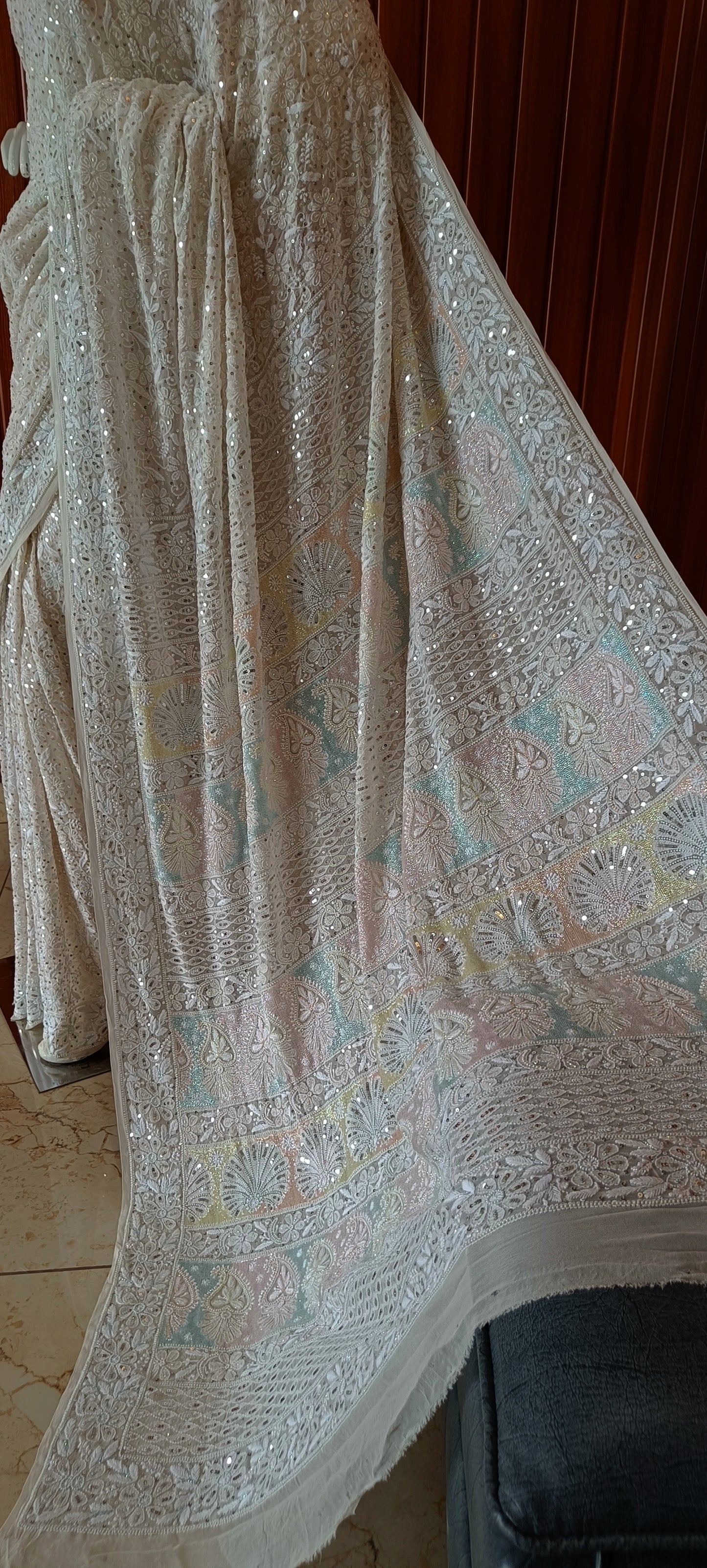 Ruhani 3 taar Chikankari Saree embellished with Sequins and Cut Dana