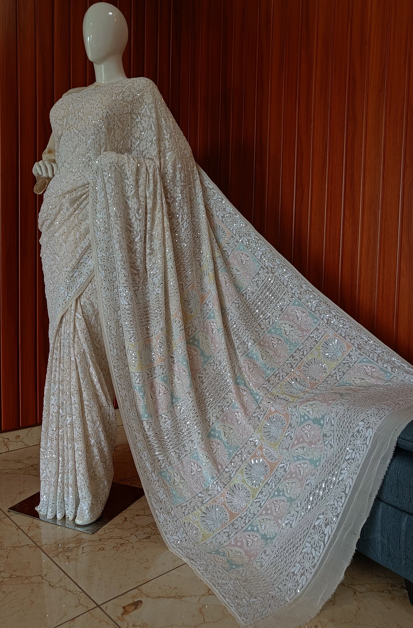 Ruhani 3 taar Chikankari Saree embellished with Sequins and Cut Dana