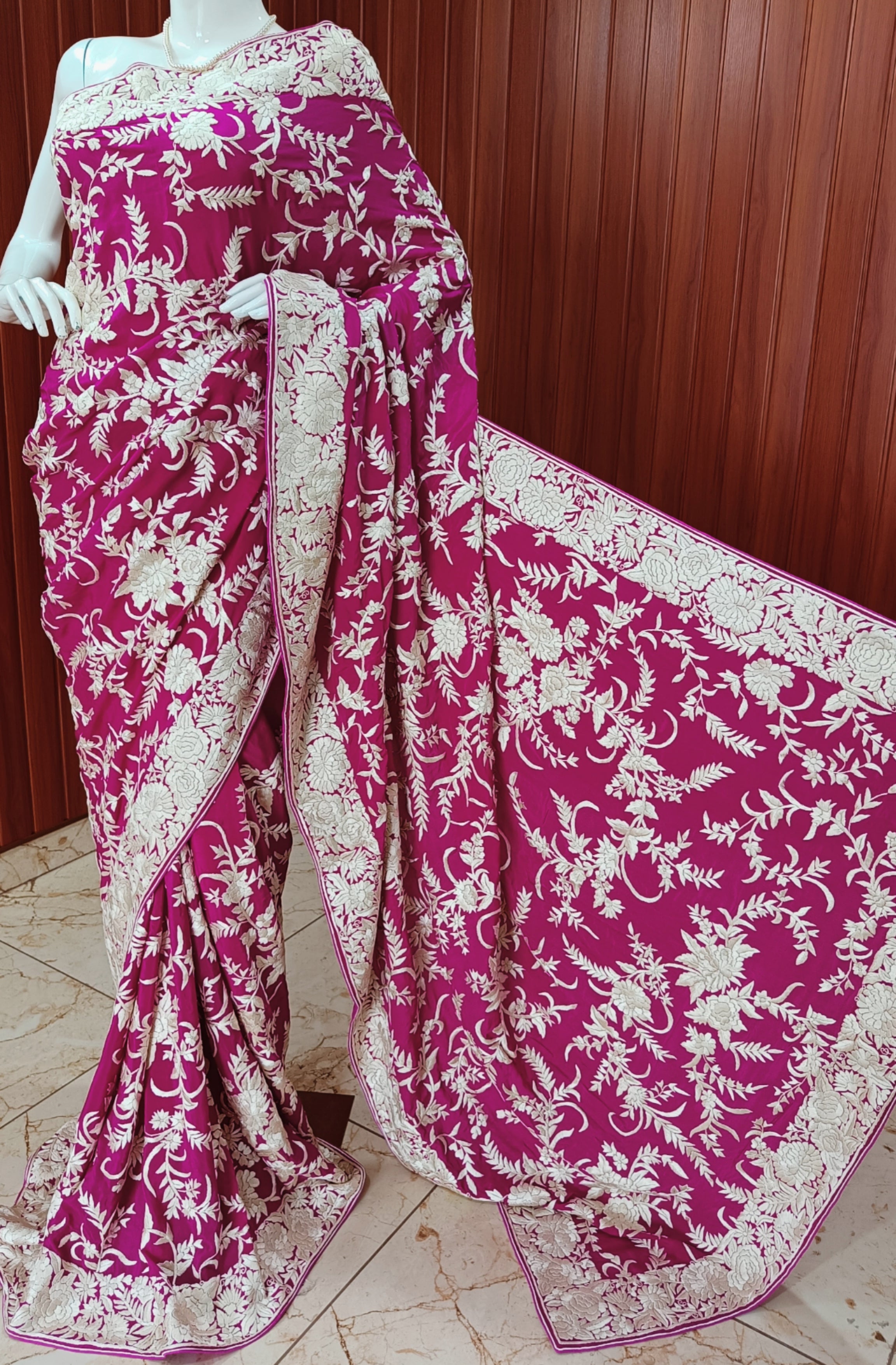 Magenta Masterpiece Parsi Gara Pure Crepe Saree