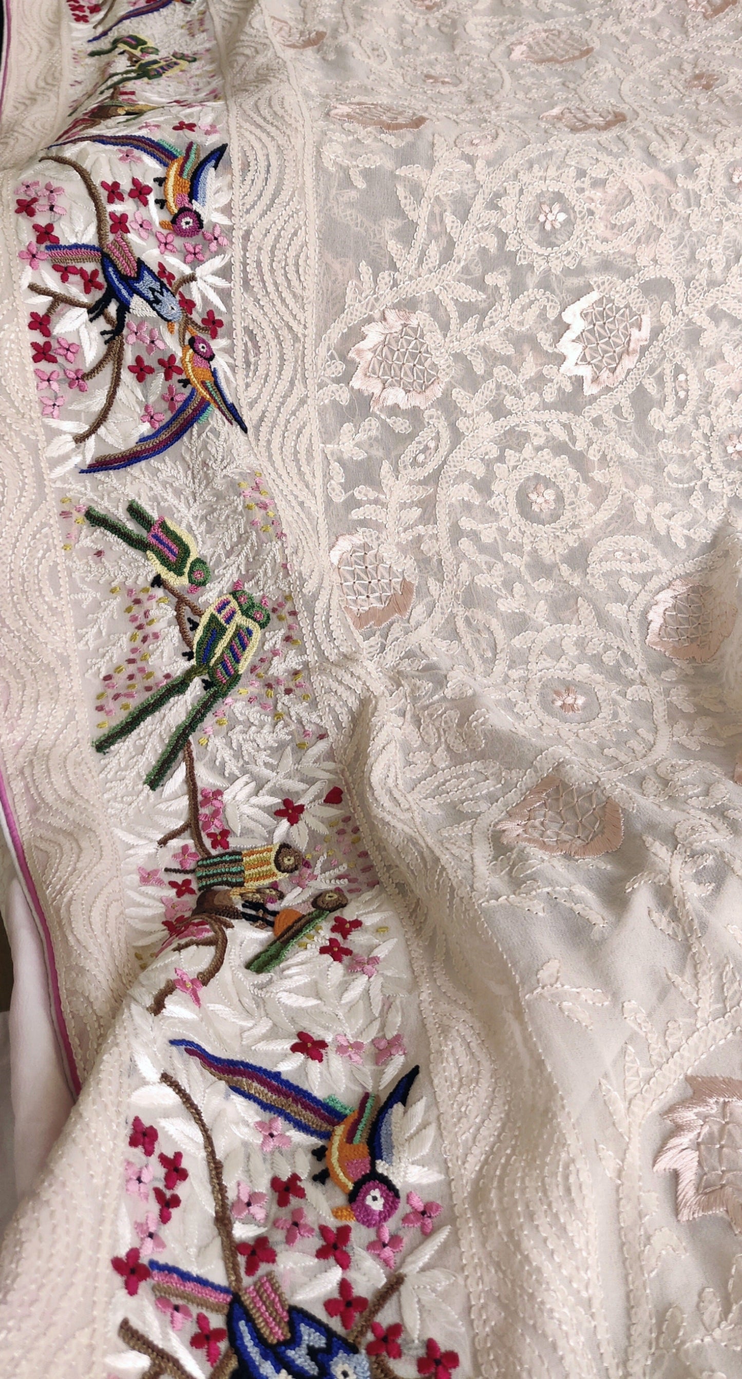 Nude Pink Pure Georgette saree with allover shadow work and masterpiece french knot hand embroidery