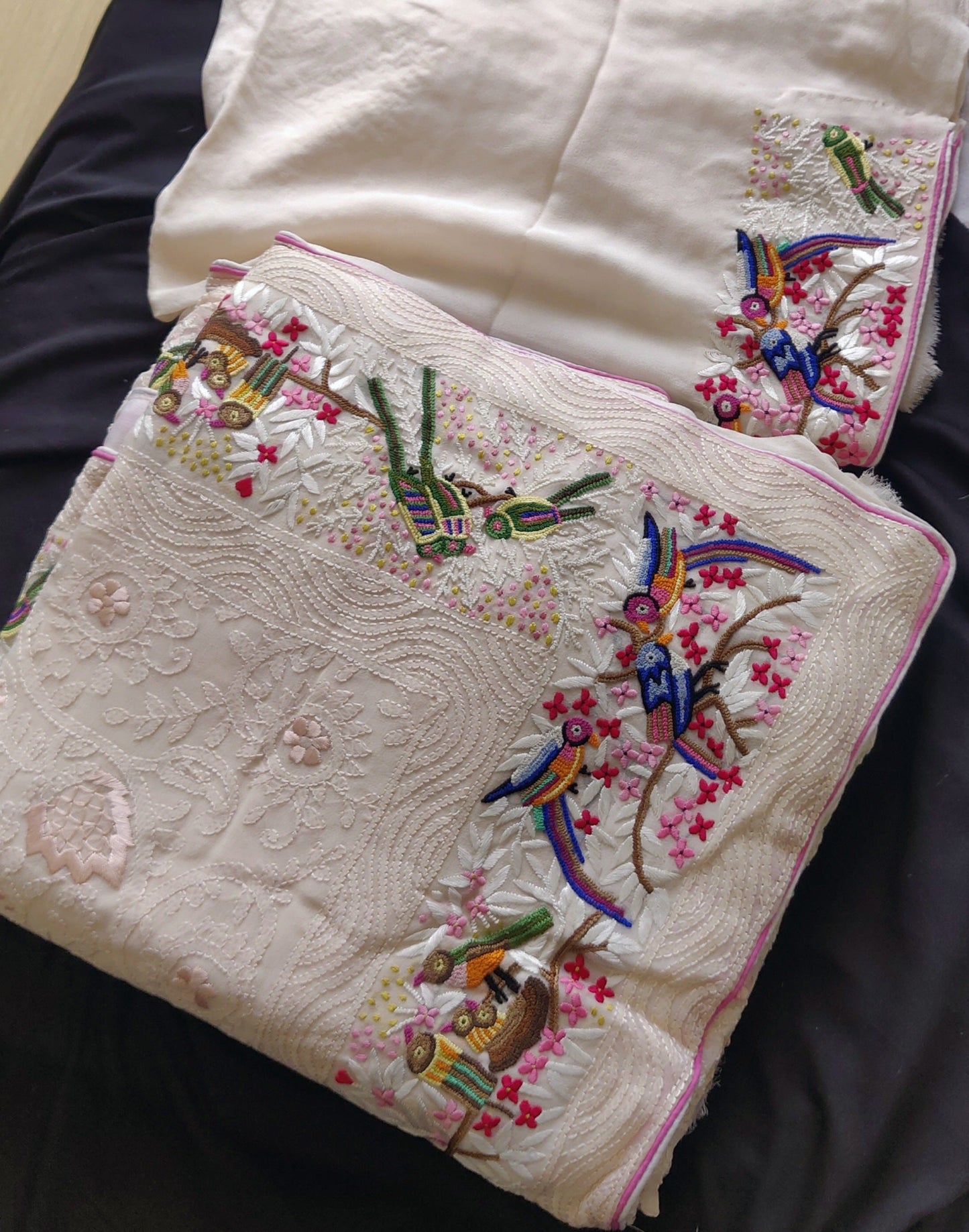 Nude Pink Pure Georgette saree with allover shadow work and masterpiece french knot hand embroidery