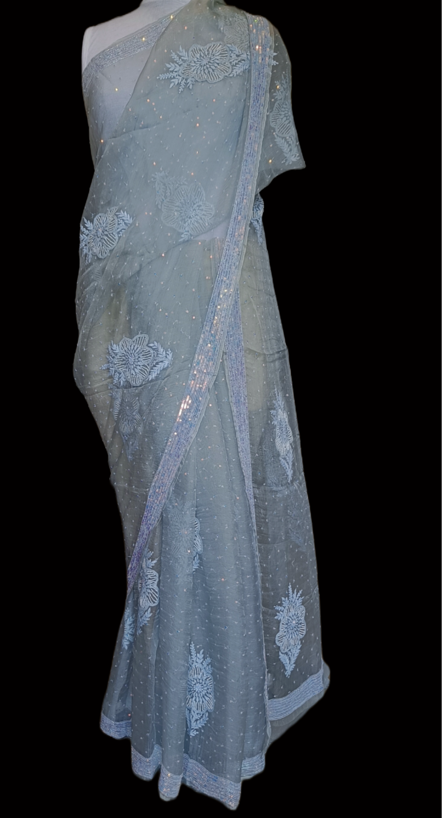 Ruhani Light Grey Pure Organza Saree with Allover Pearl and Sequins