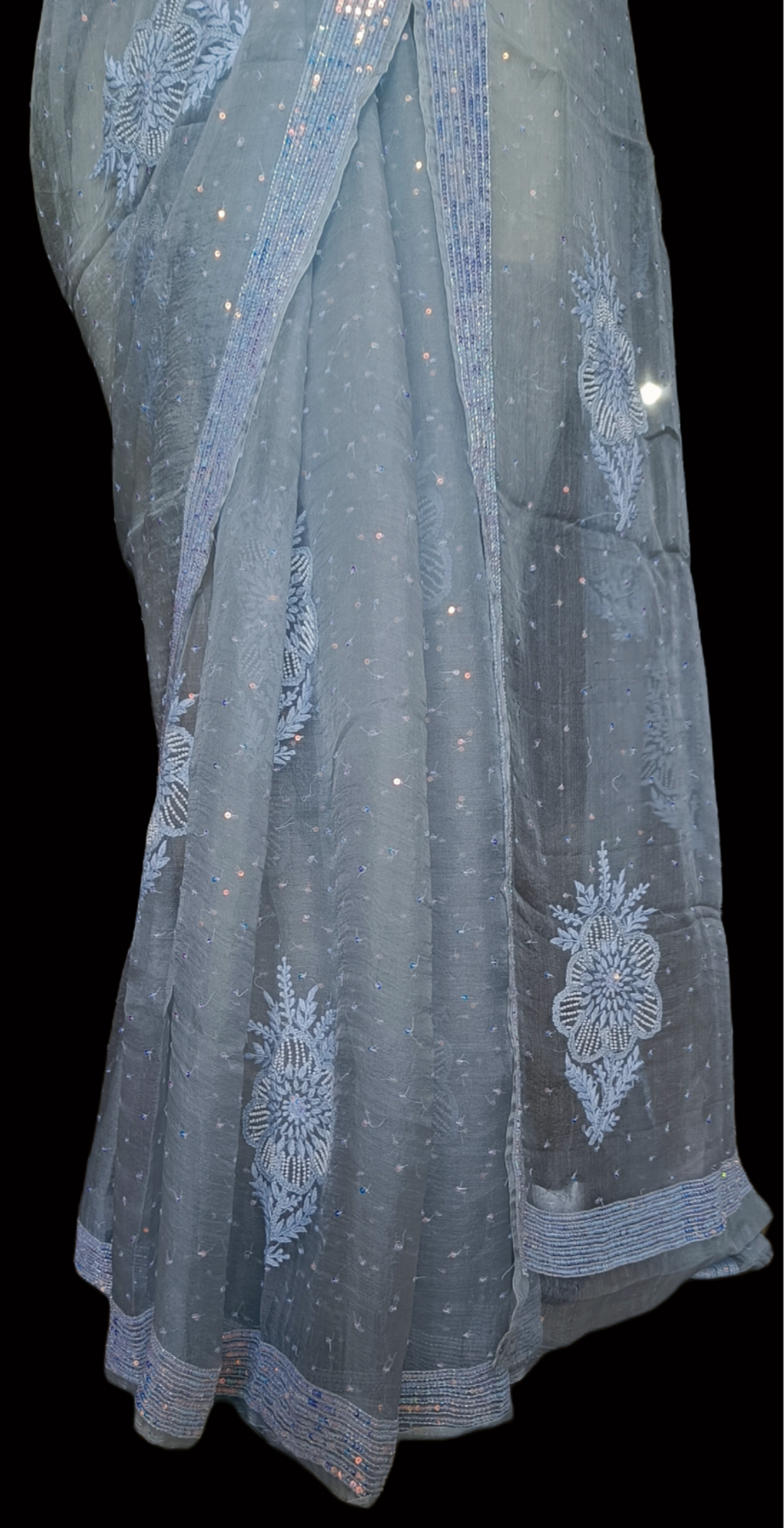 Ruhani Light Grey Pure Organza Saree with Allover Pearl and Sequins