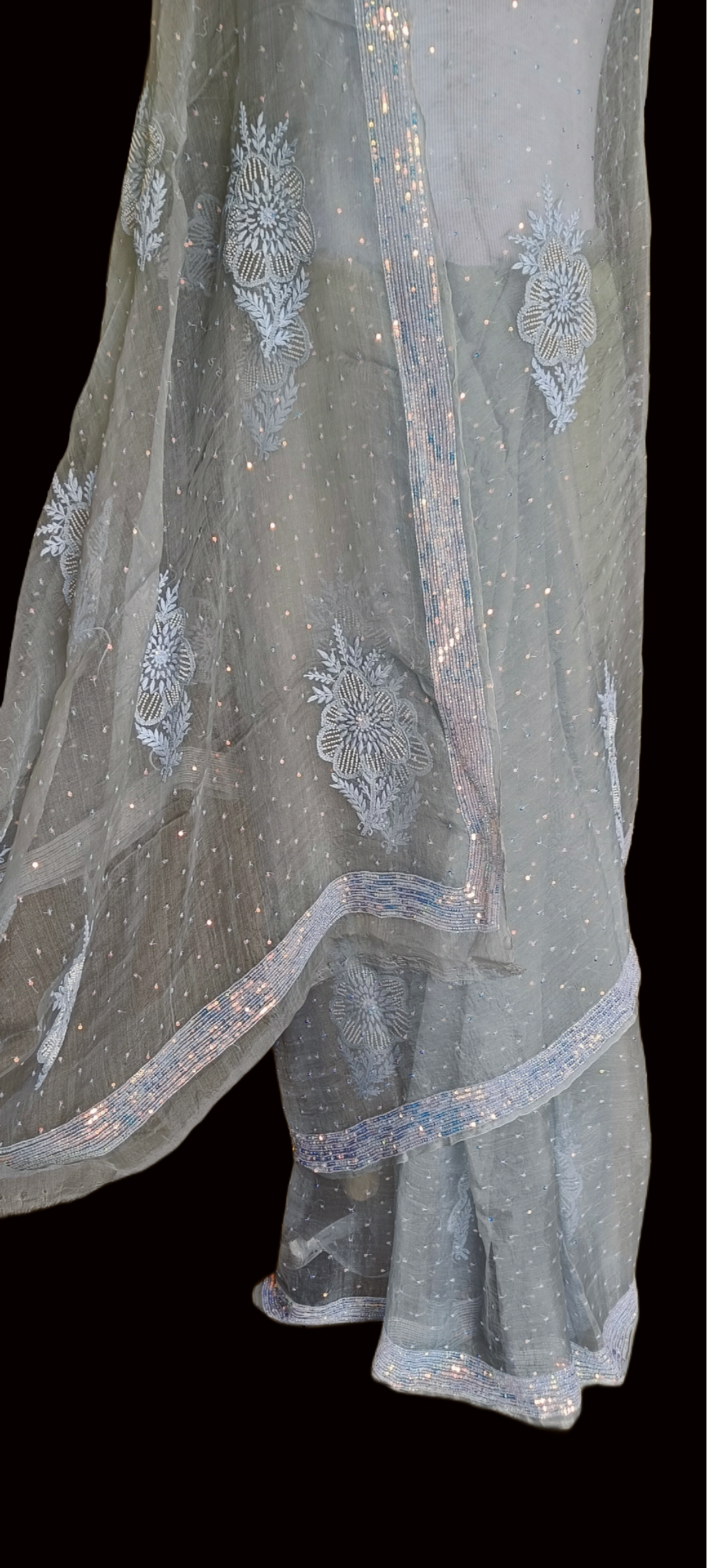 Ruhani Light Grey Pure Organza Saree with Allover Pearl and Sequins