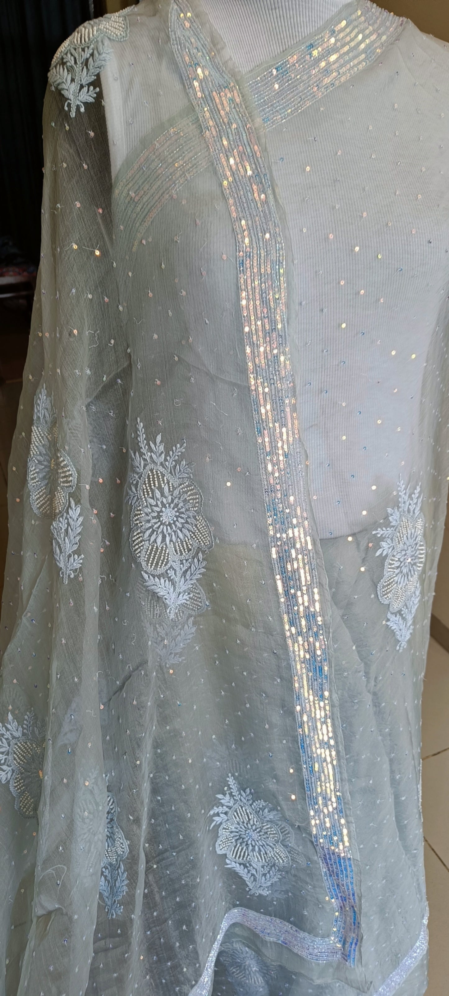 Ruhani Light Grey Pure Organza Saree with Allover Pearl and Sequins