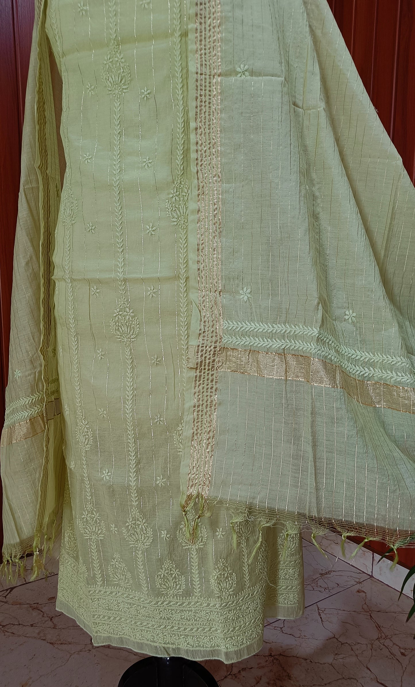 Lime Green Pure Chanderi chikankari kurta and dupattta