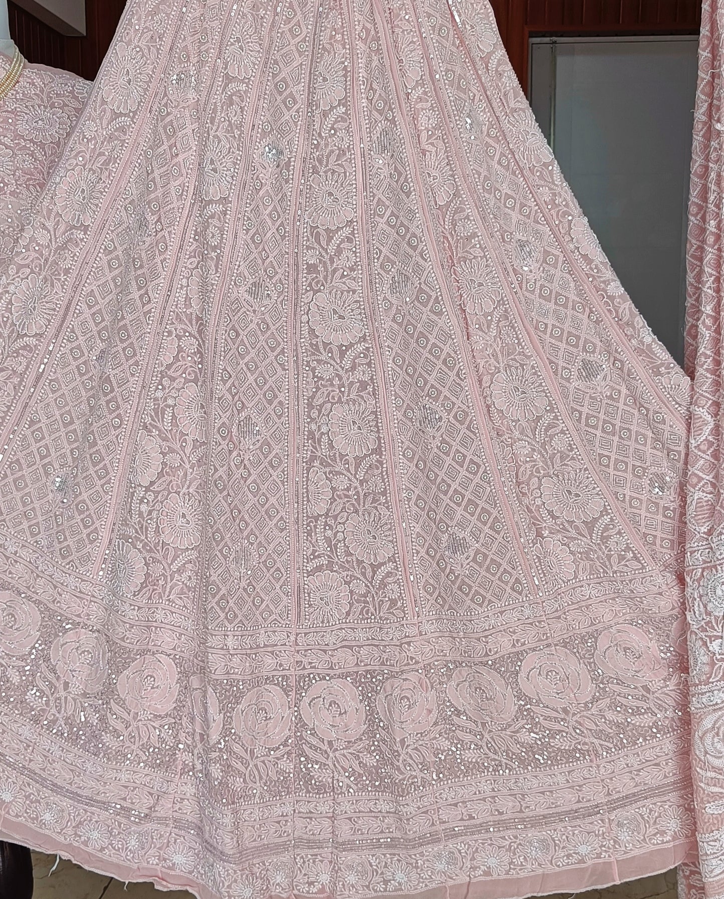 Ruhani Pink Chikankari Pearl Cut Dana Sequins Wedding Lehenga