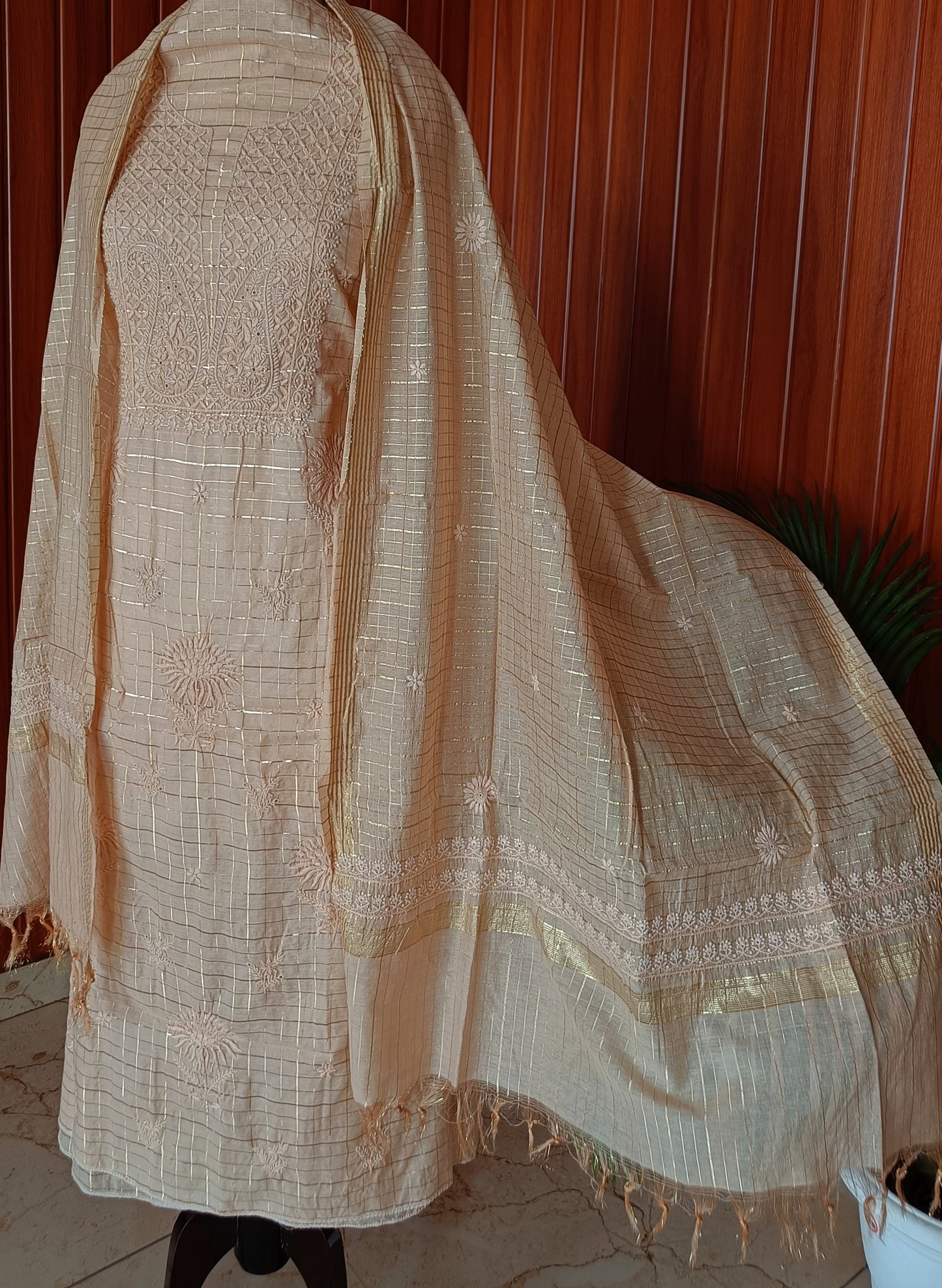 Beige Pure Chanderi chikankari kurta and dupatta