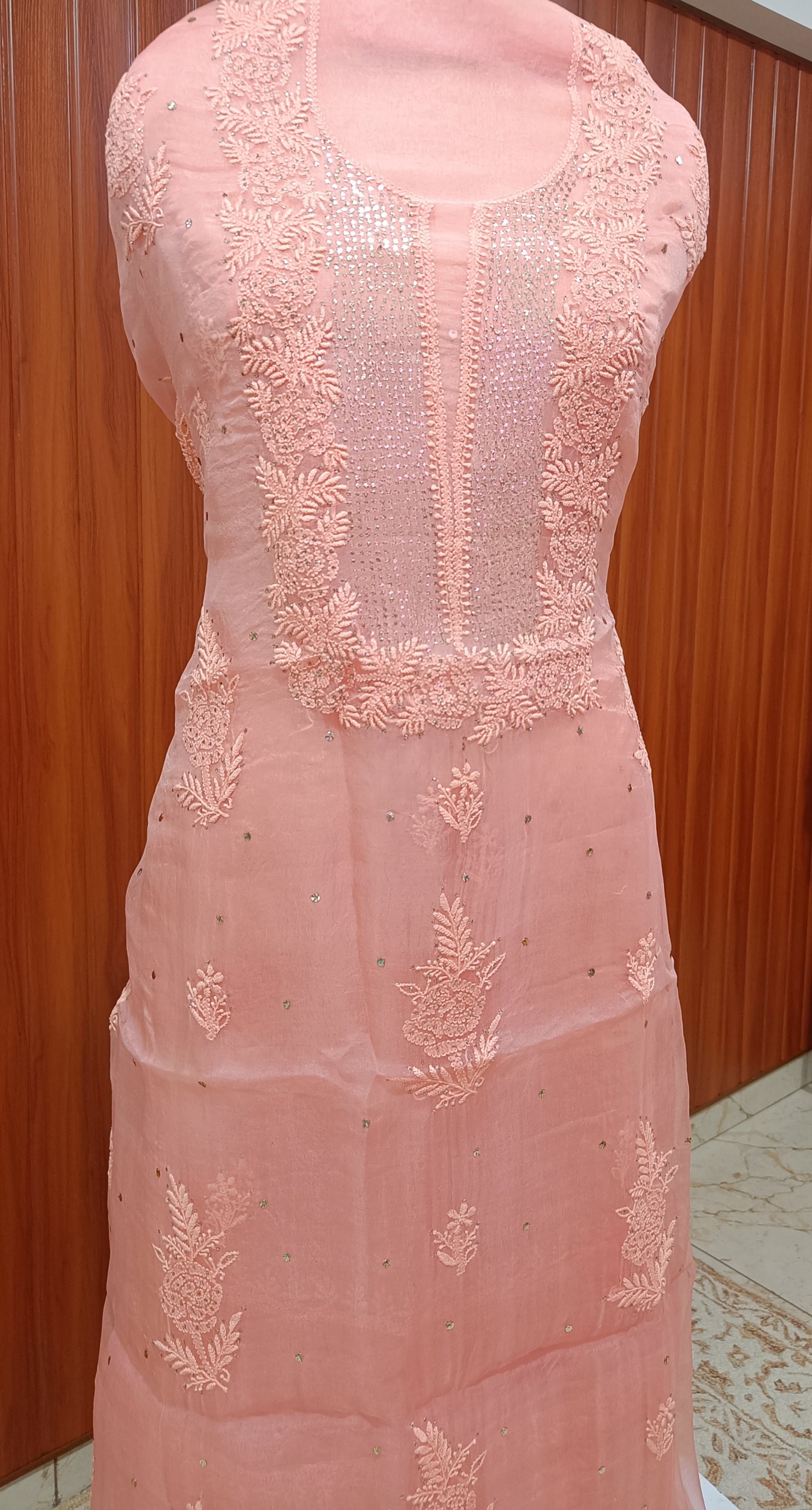 Peach Chikankari and mukaish work pure Organza kurta with dupatta