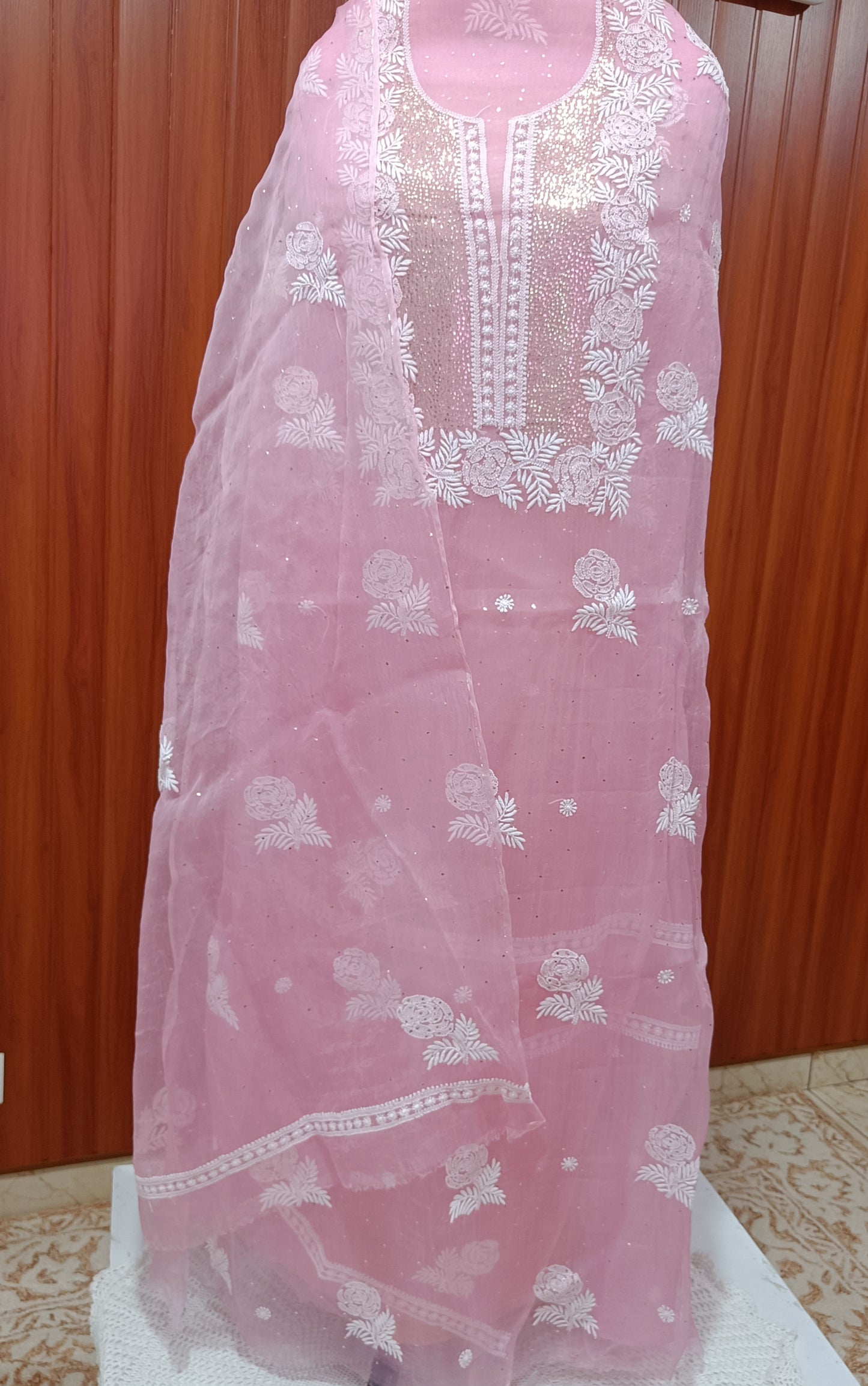 Rose Pink Chikankari and mukaish work pure Organza kurta with dupatta