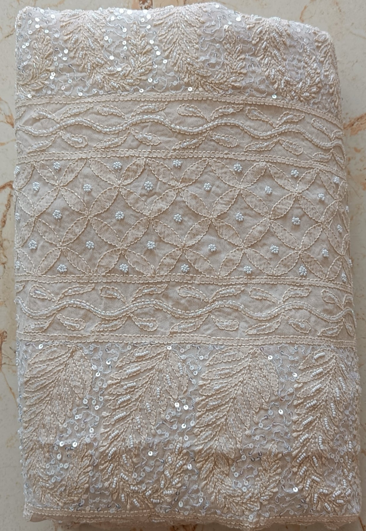 Beige Chikankari Pearl Cut Dana and Sequins Saree