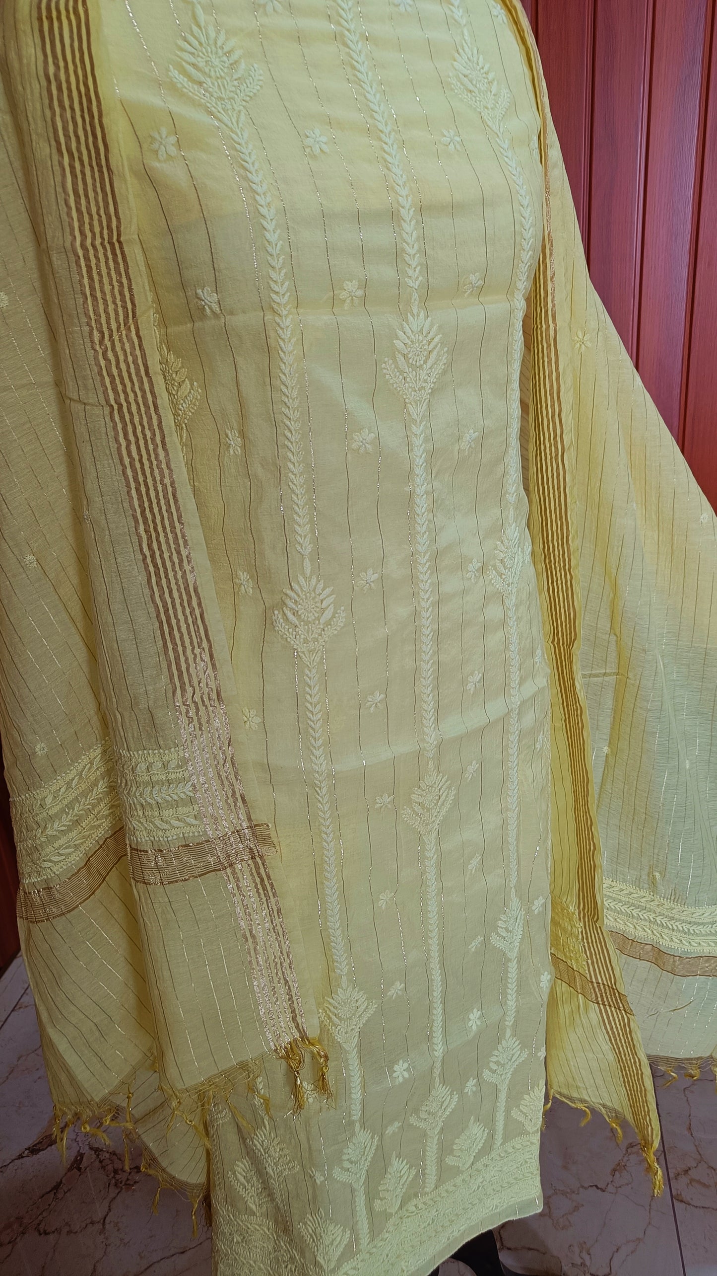 Lemon Yellow Pure Chanderi chikankari kurta and dupattta