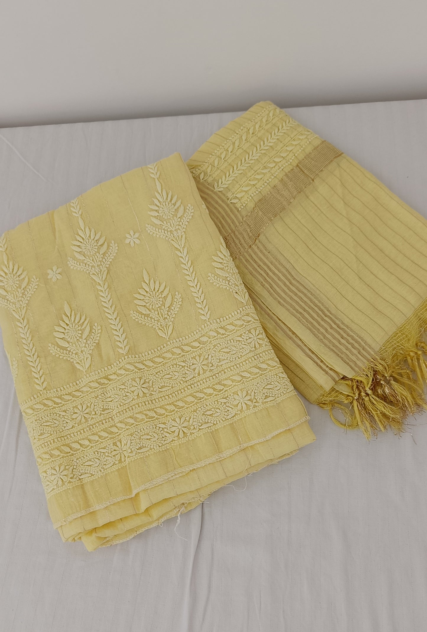 Lemon Yellow Pure Chanderi chikankari kurta and dupattta
