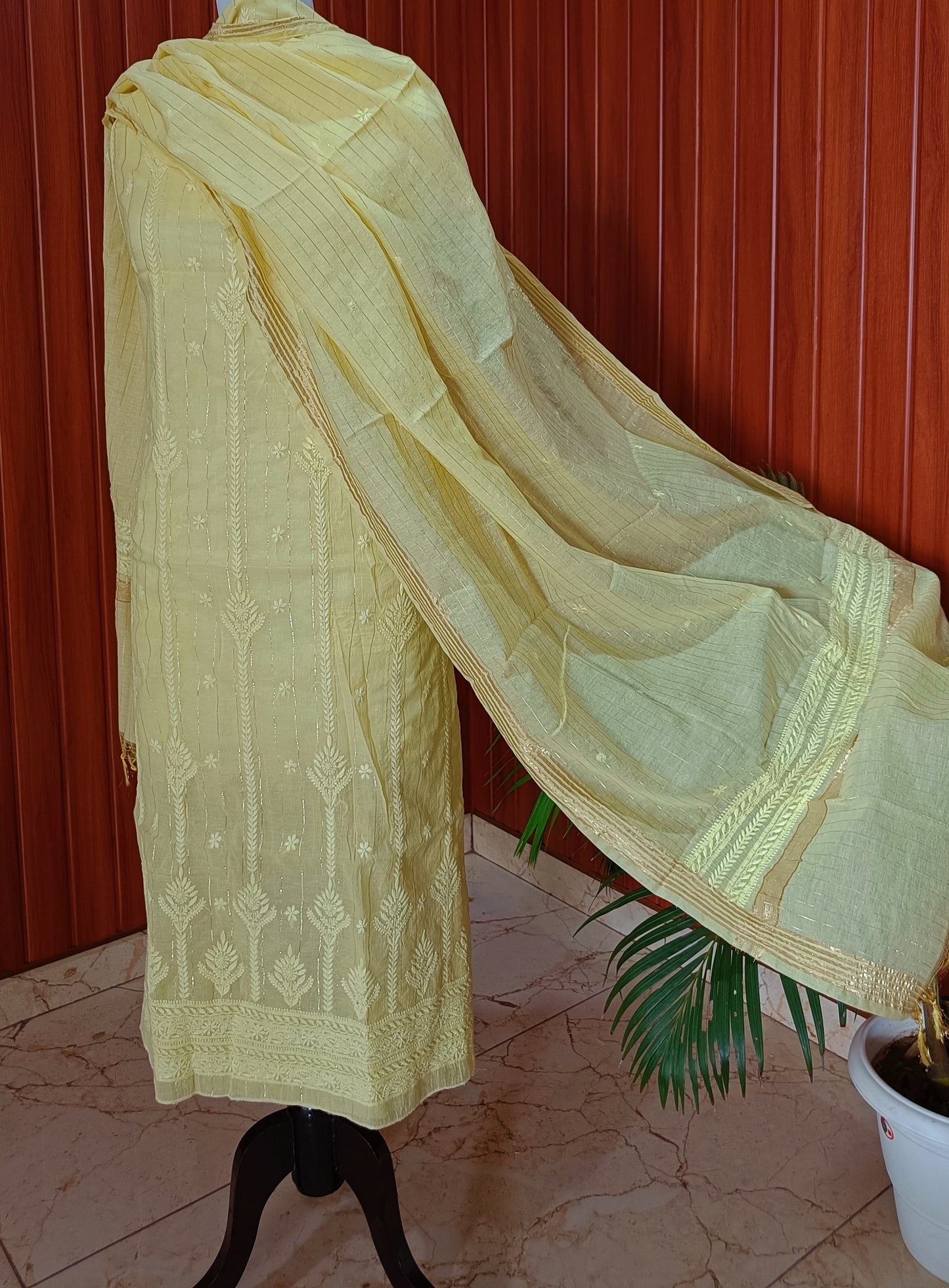 Lemon Yellow Pure Chanderi chikankari kurta and dupattta