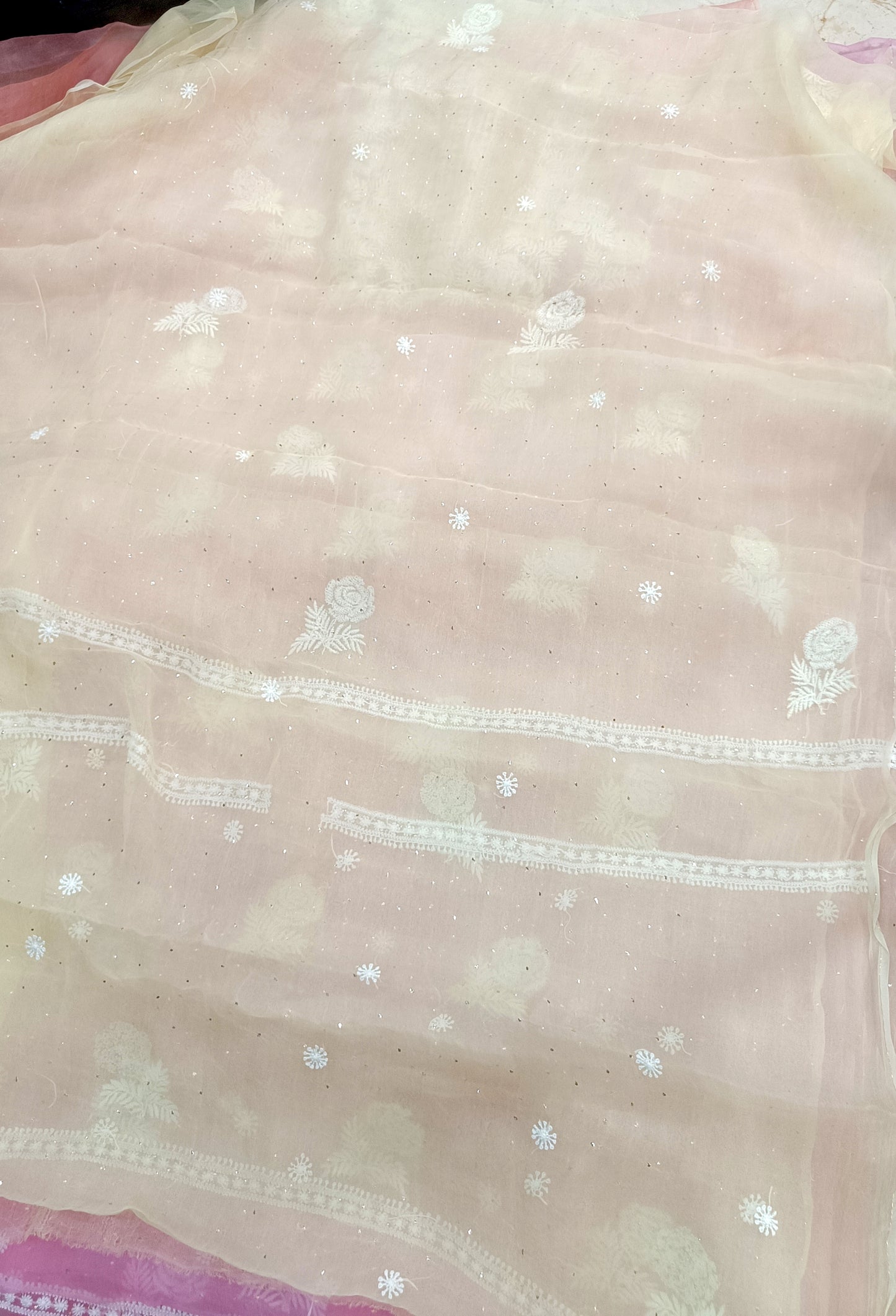 Lemon yellow Chikankari and mukaish work pure Organza kurta with dupatta