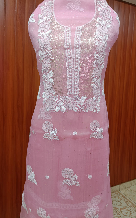 Rose Pink Chikankari and mukaish work pure Organza kurta with dupatta