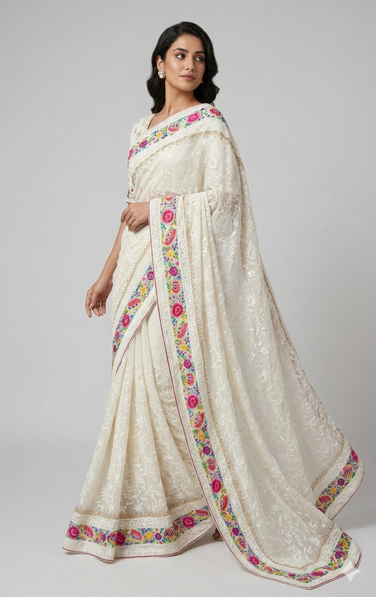 Ivory Pure Georgette saree with allover shadow work and masterpiece parsi gara border