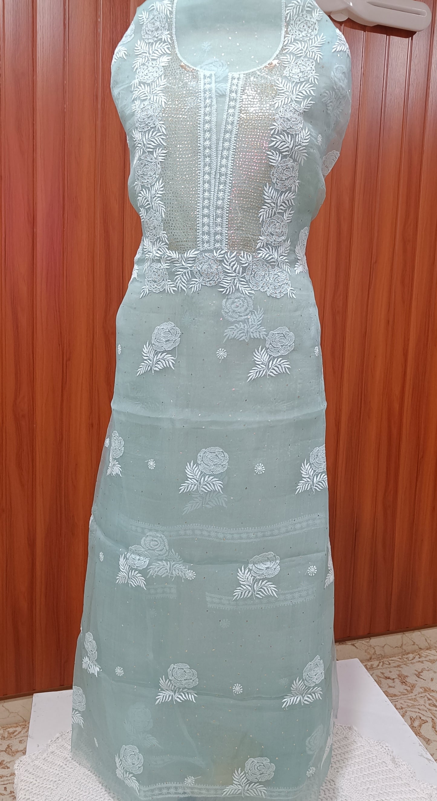 Ocean blue Chikankari and mukaish work pure Organza kurta with dupatta
