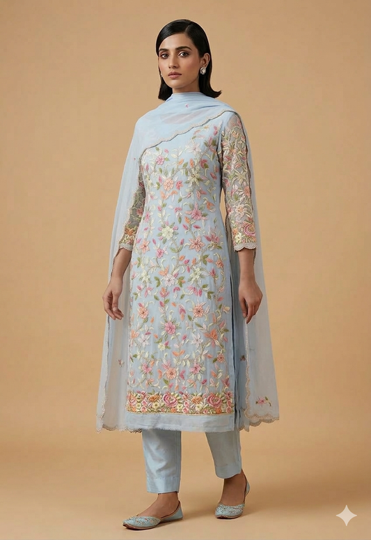 Light Blue Resham Chikankari Parsi Gara and pearl work suit