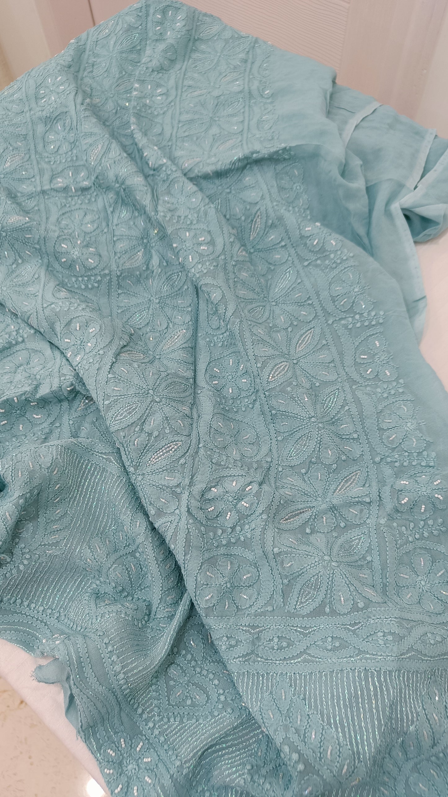 Ocean Blue Chikankari Pearl and Cut dana work Kurta and Dupatta