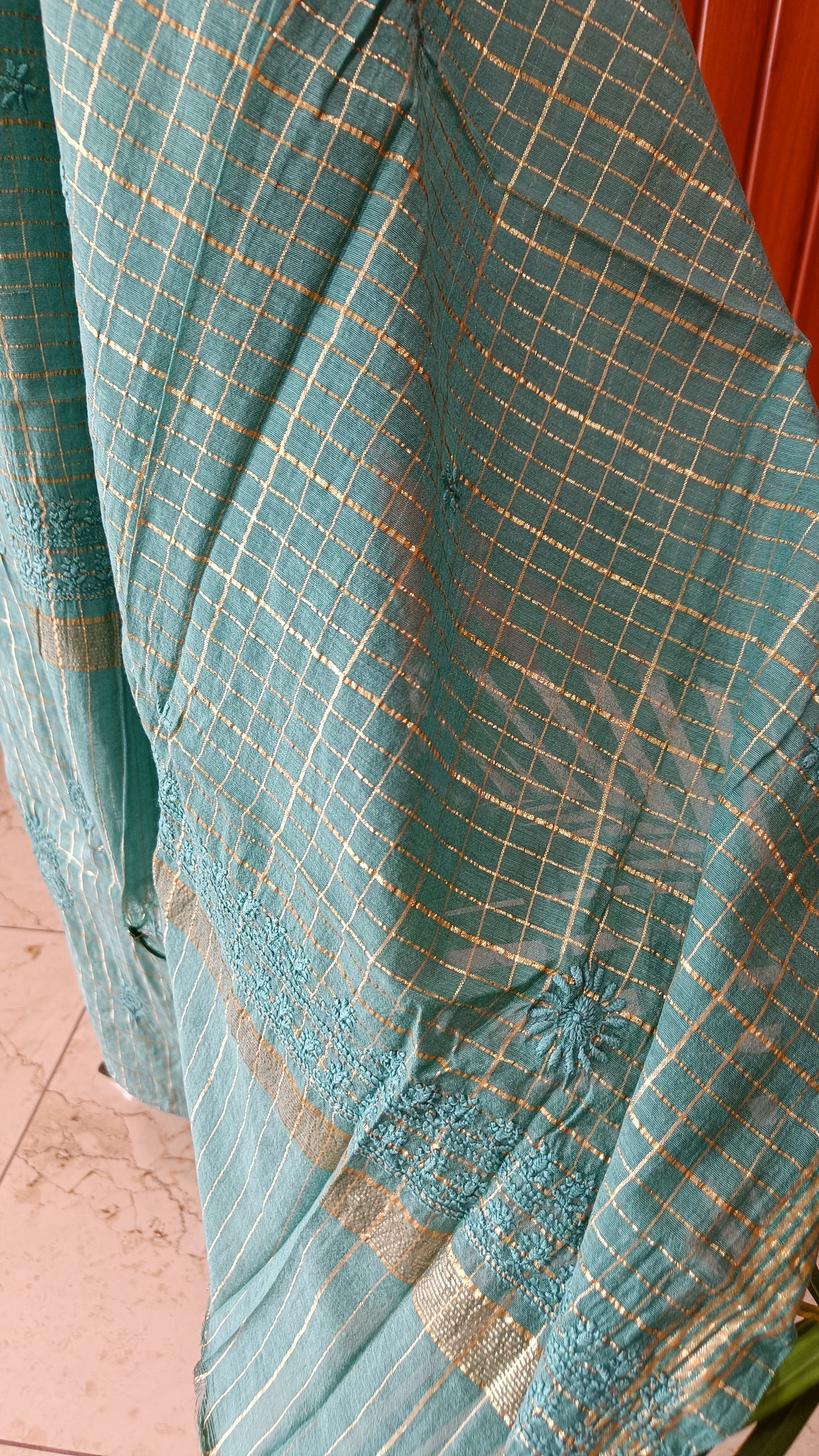 Turquoise Green Pure Chanderi chikankari kurta and dupatta
