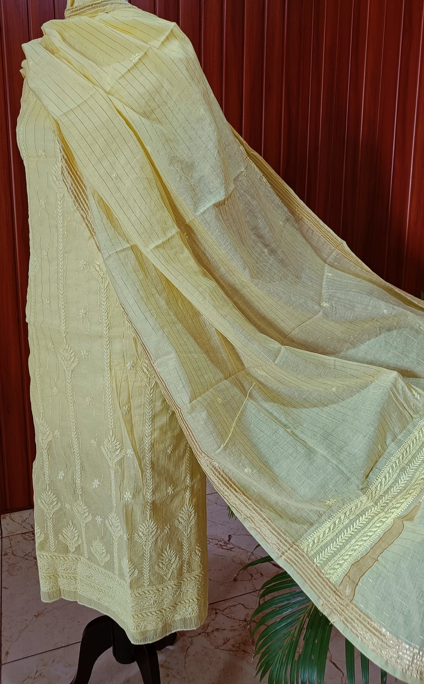 Lemon Yellow Pure Chanderi chikankari kurta and dupattta