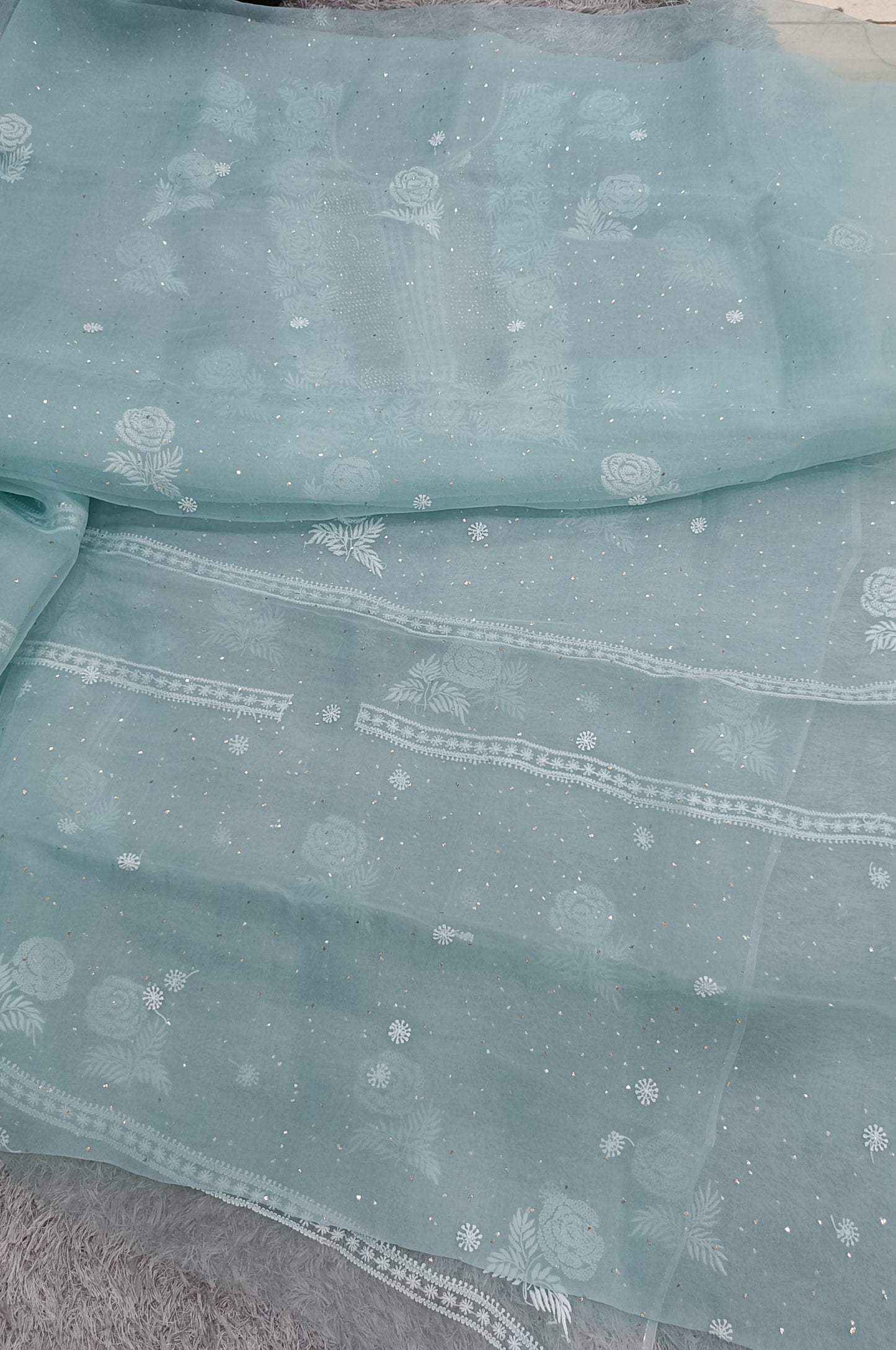 Ocean blue Chikankari and mukaish work pure Organza kurta with dupatta