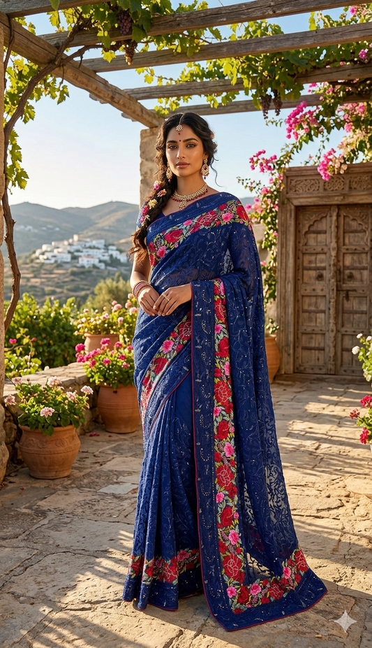 Navy Blue Pure Georgette saree with allover Parsi gara and french knot hand embroidery