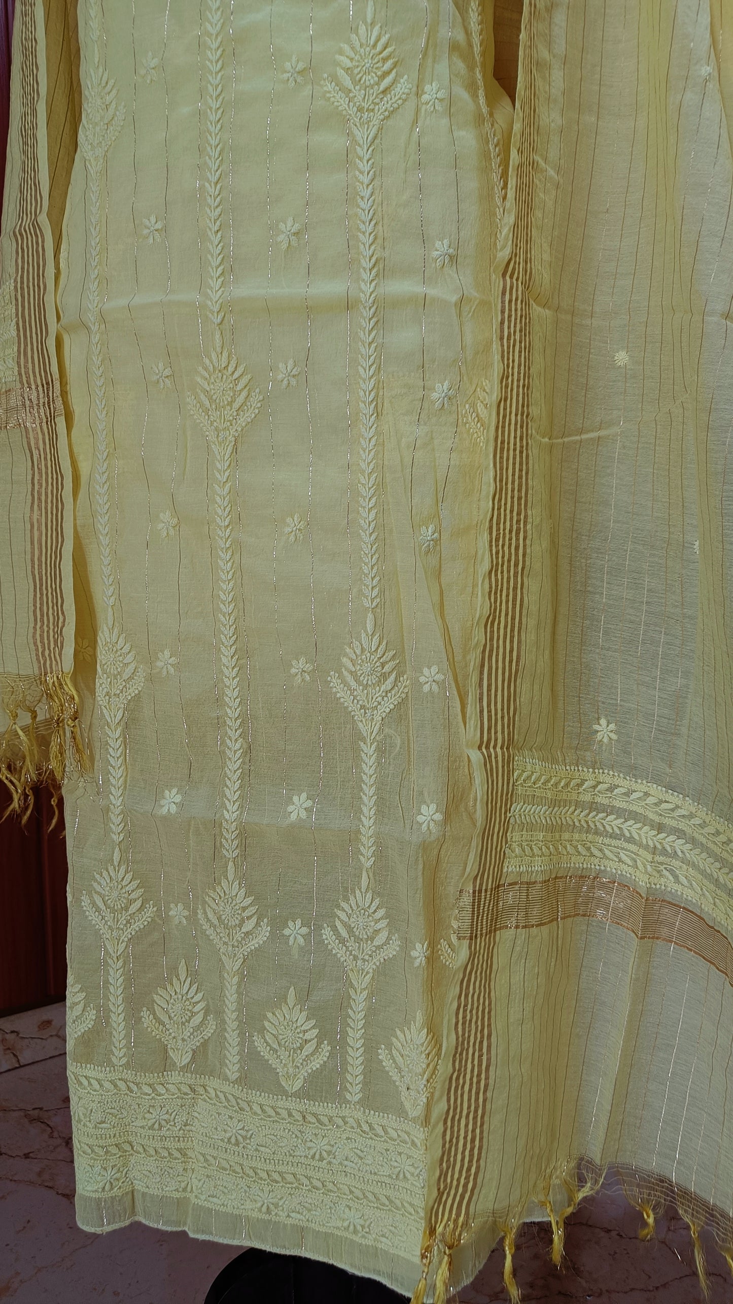 Lemon Yellow Pure Chanderi chikankari kurta and dupattta