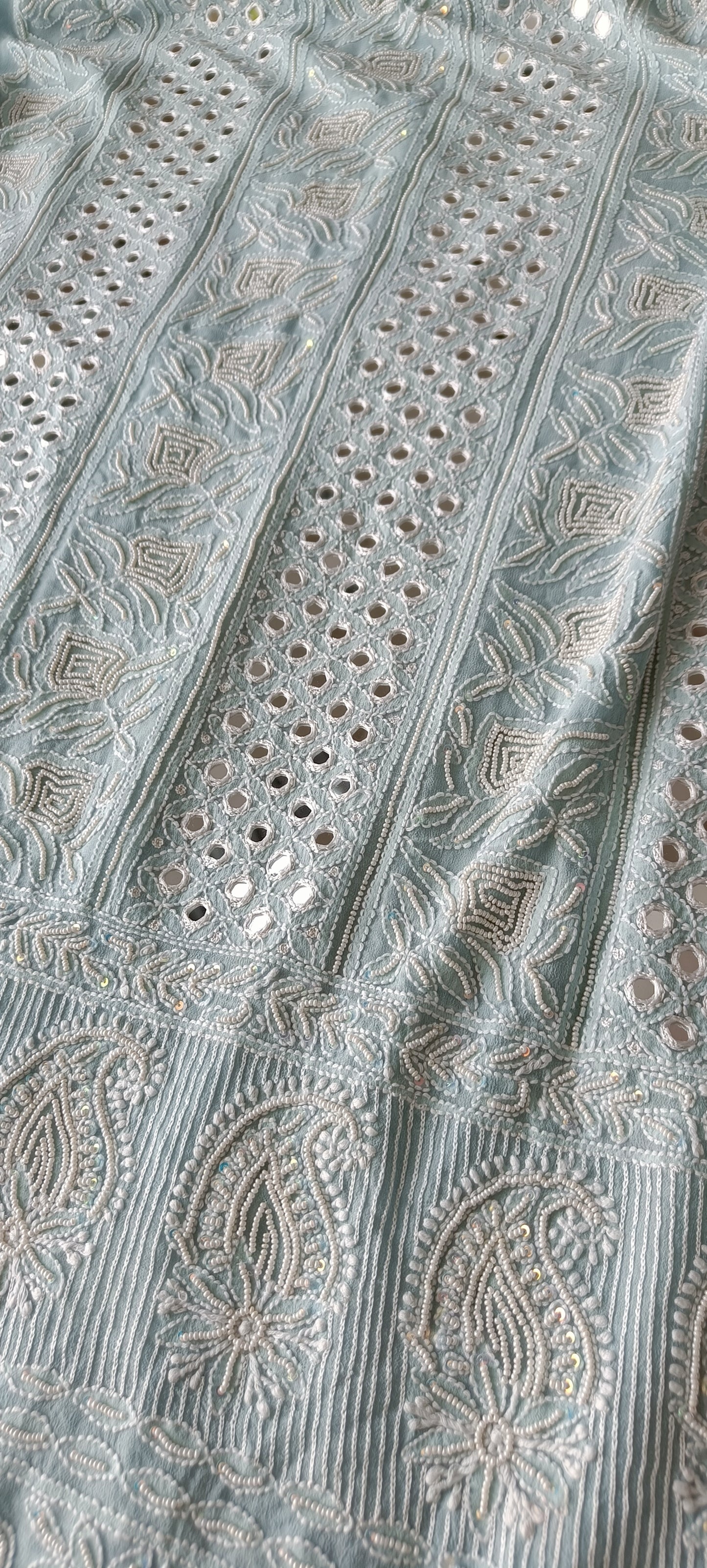 Light Blue Chikankari Mirror and Pearl work Kurta and Dupatta