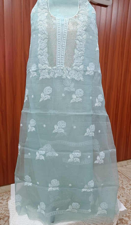 Ocean blue Chikankari and mukaish work pure Organza kurta with dupatta