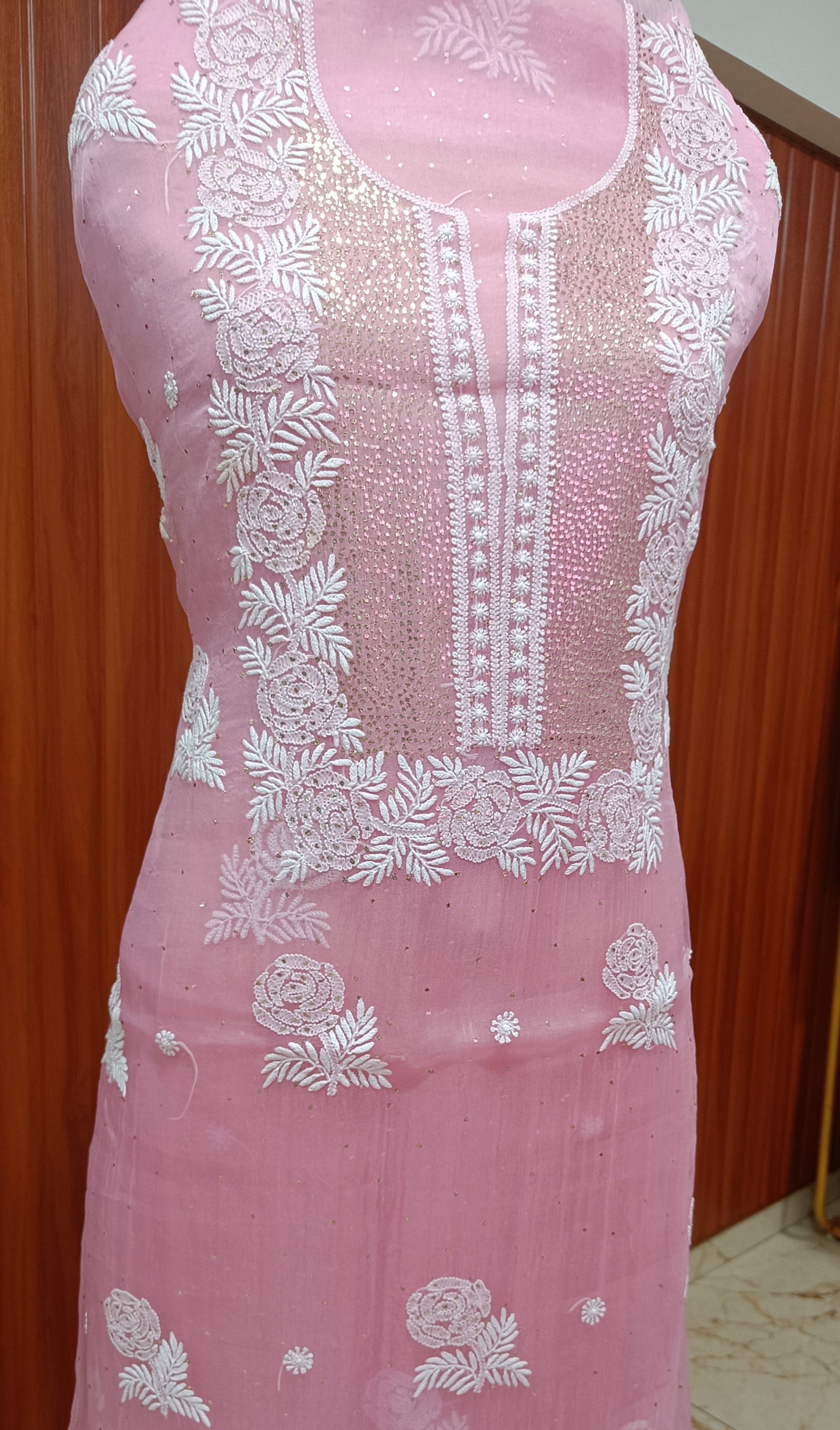 Rose Pink Chikankari and mukaish work pure Organza kurta with dupatta