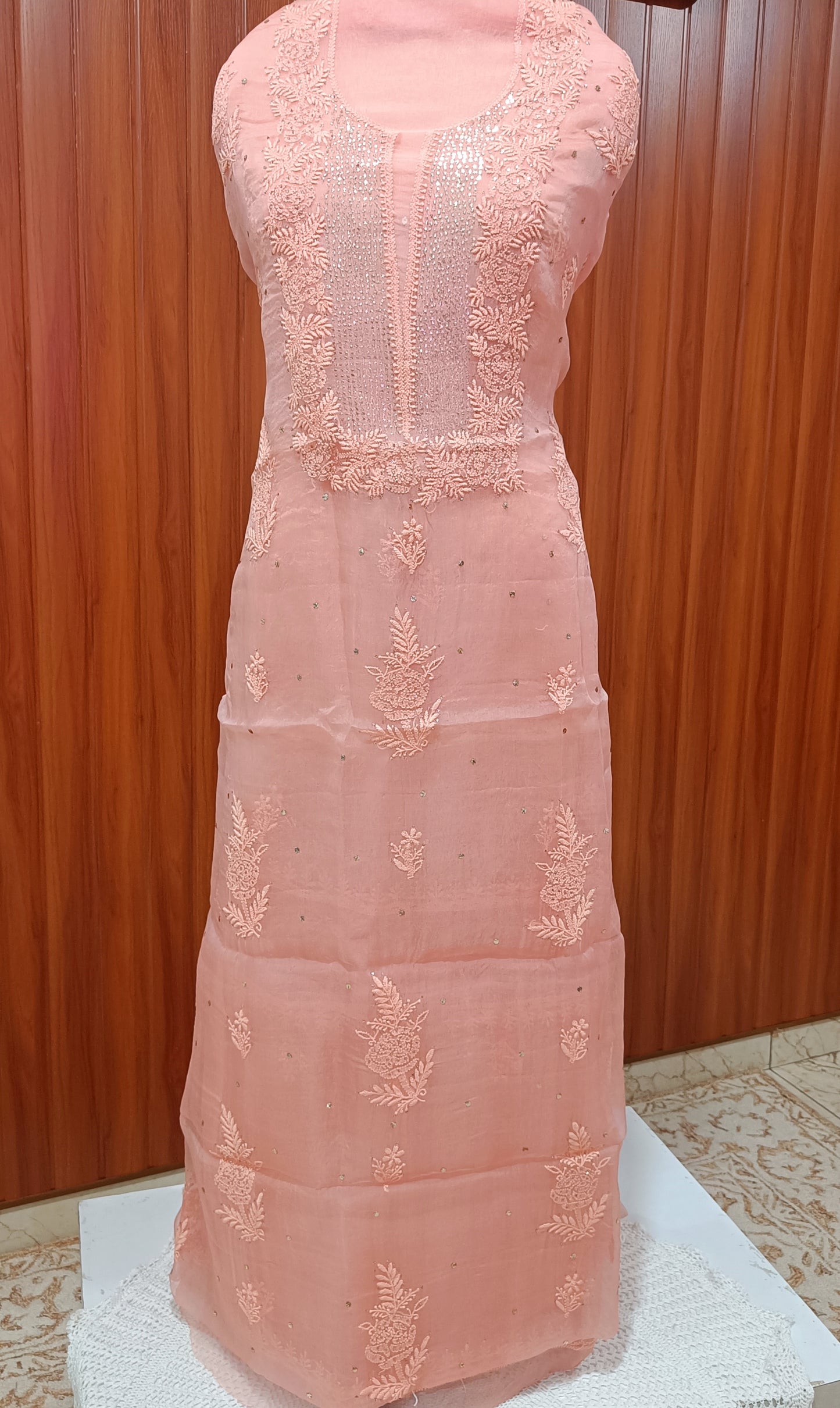 Peach Chikankari and mukaish work pure Organza kurta with dupatta
